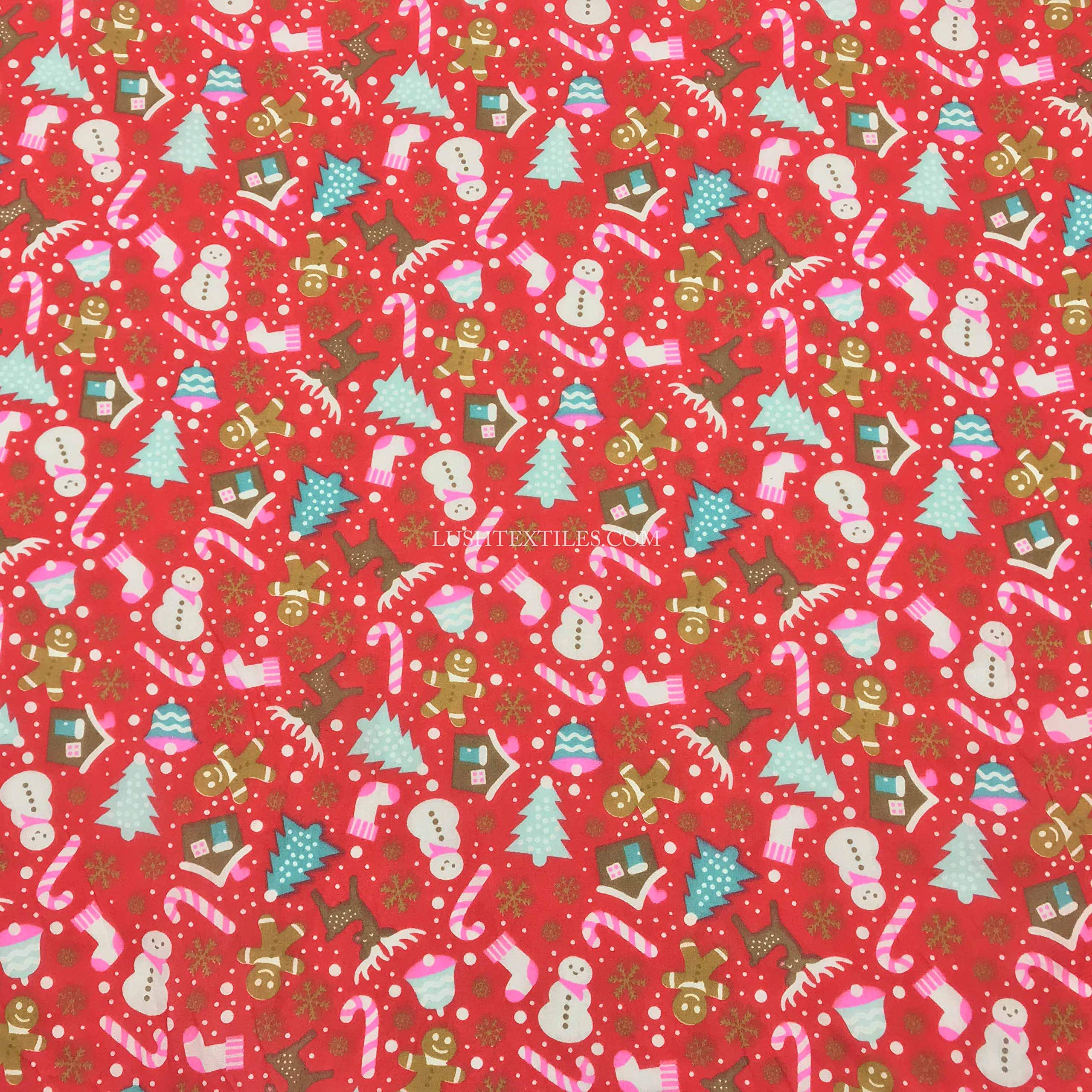 PRESTIGE Christmas XMAS Polycotton Print Fabrics Decoration Crafts Poly Cotton Designs Fabric - Per Metre (NEW! Christmas Party - Red)