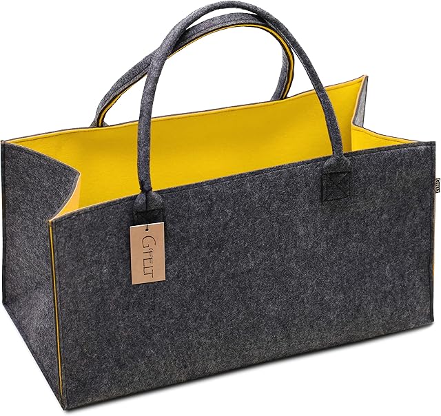 G'FELT Filztasche Premium - als hochwertige Einkaufstasche, schicke Freizeit-Tasche oder Badetasche, Zeitungskorb, Filzkorb, Einkaufskorb, stabile Kaminholztasche - zweifarbig grau und gelb