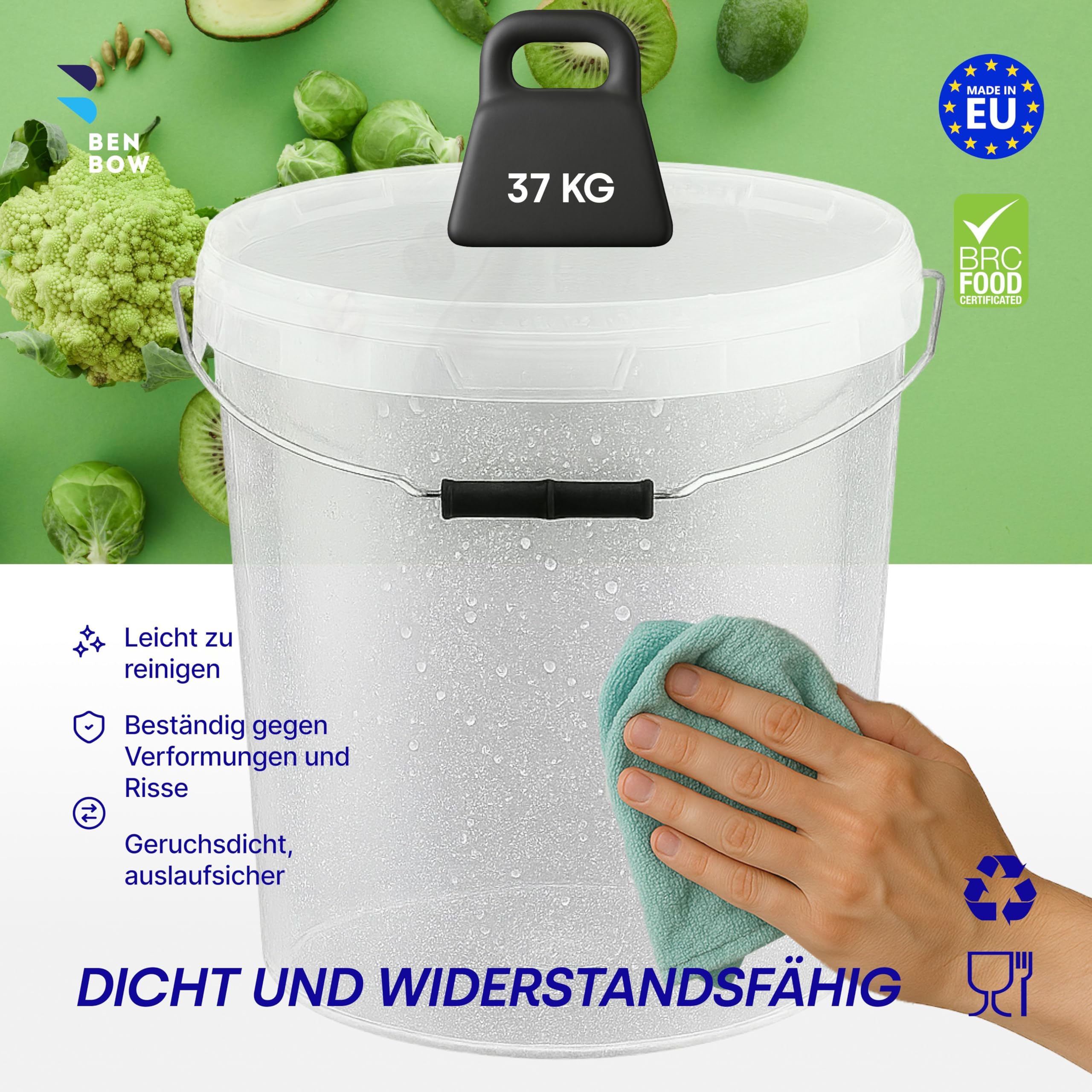 BenBow Eimer mit Deckel 30L Transparent - 180 Stück - Palette - lebensmittelecht, stabil, luftdicht, auslaufsicher, geruchsneutral - Vorratsbehälter aus Kunststoff - leer