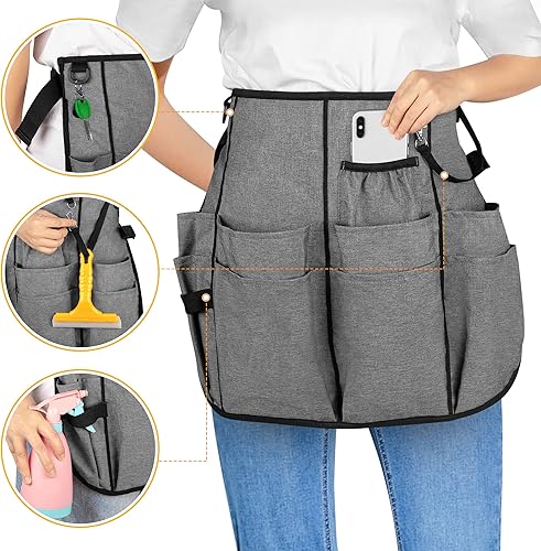 Miniatura 3 de LoDrid Delantal Profesional de Limpieza con 9 Bolsillos y Cinturón de Cintura Ajustable, Delantales de Carrito de Limpieza para Trabajo de Limpieza