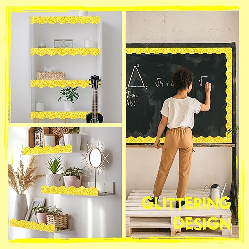 Miniatura 19 de Bordes de tablón de anuncios de 60 pies, borde ondulado amarillo puro con diseño de línea ondulada para la escuela, el aula y las oficinas Amarillo