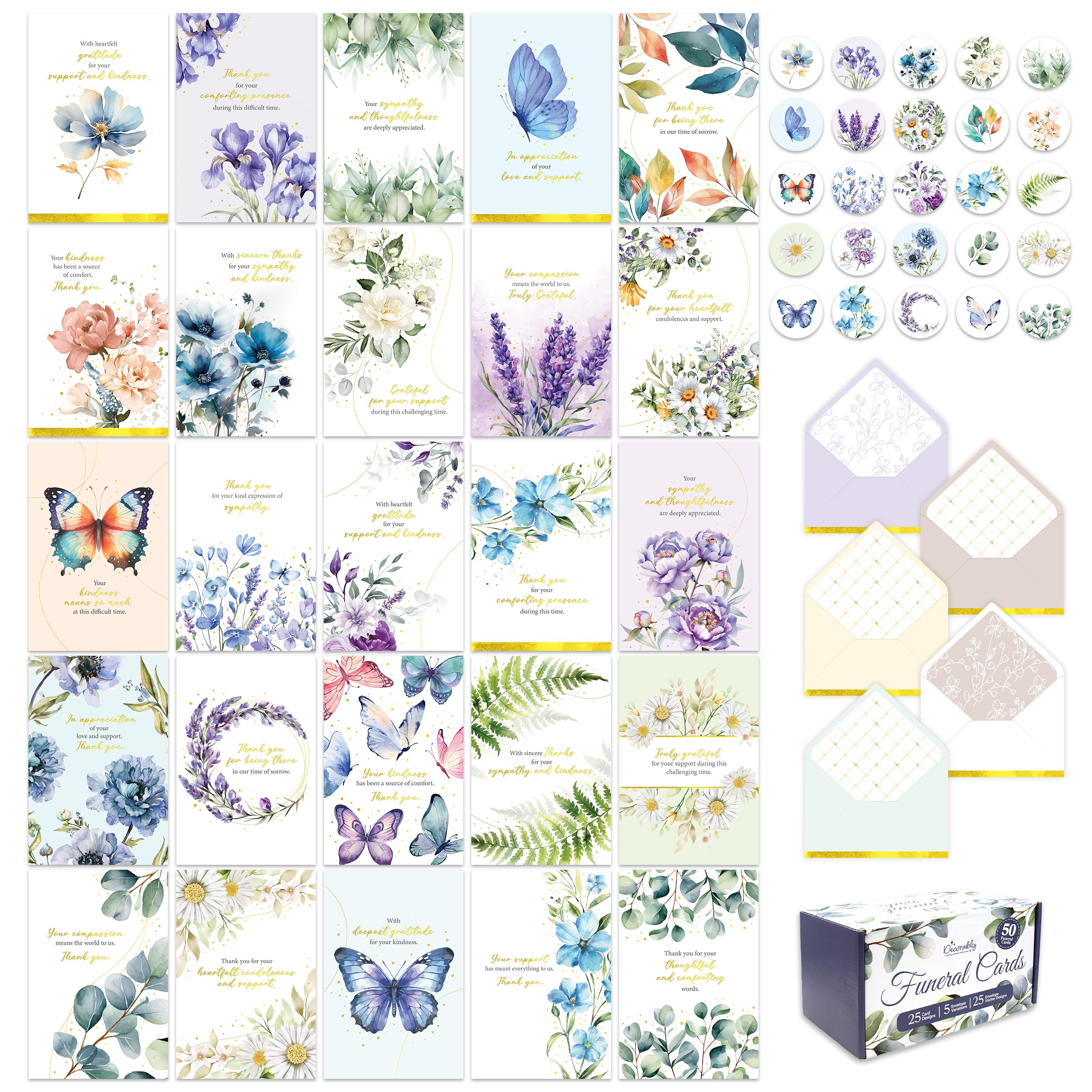 Decorably 50 Pack Gold Foiled 4x6in Thank You Cards for Funeral with Envelopes and Stickers, 25 Floral & Butterfly Designs Folded Funeral Thank You