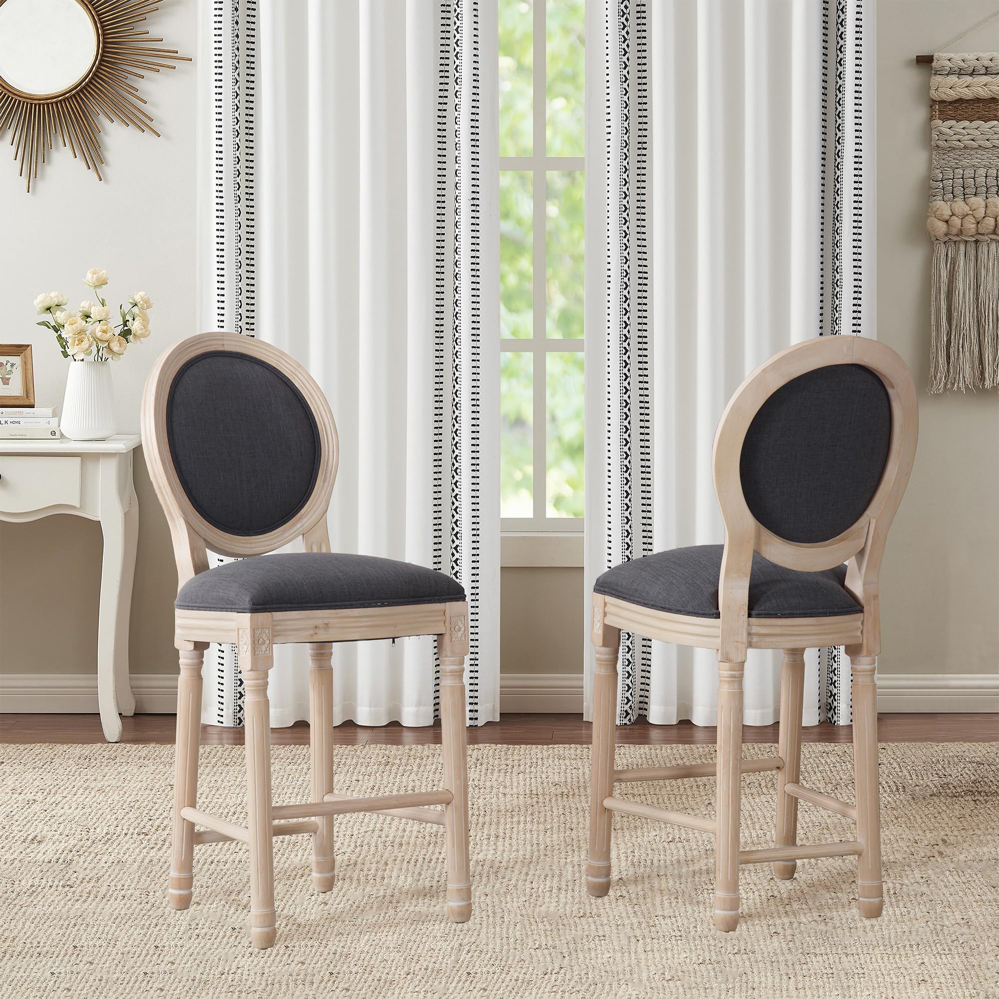 French Country Bar Stools Set of 2, 26" Seat Height Wooden Barstools with Solid Wood Frame Tall Back Soft Linen Upholstered Seating, Vintage Armless