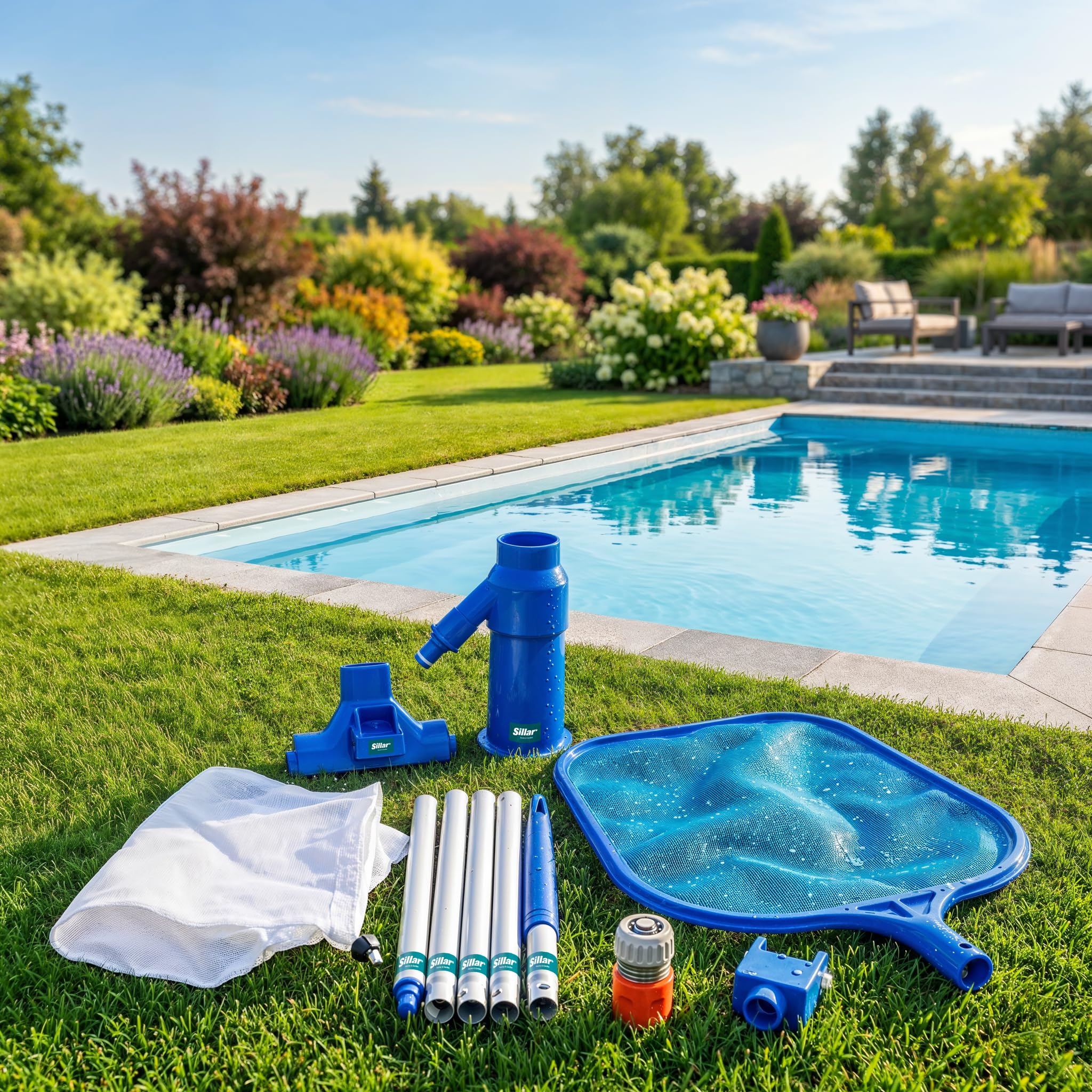 Sillar Kit de Nettoyage pour Piscine, Aspirateur de Fond de Piscine + épuisette à Feuilles avec Manche Télescopique | Kit pour Piscine, Jacuzzi, Spa