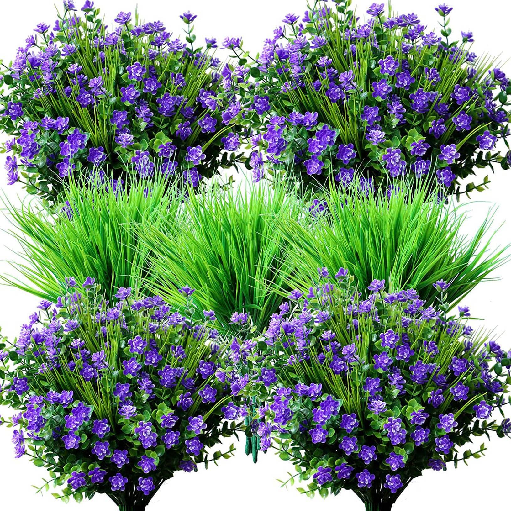 YXYQR 14pcs Artificial Flowers Outdoor UV Resistant Bulk Fake Plastic Plants Outside Indoor Hanging Baskets Faux Greenery Shrubs Arrangement for Pots Vase Porch Window Box Patio Home Decor (Purple)