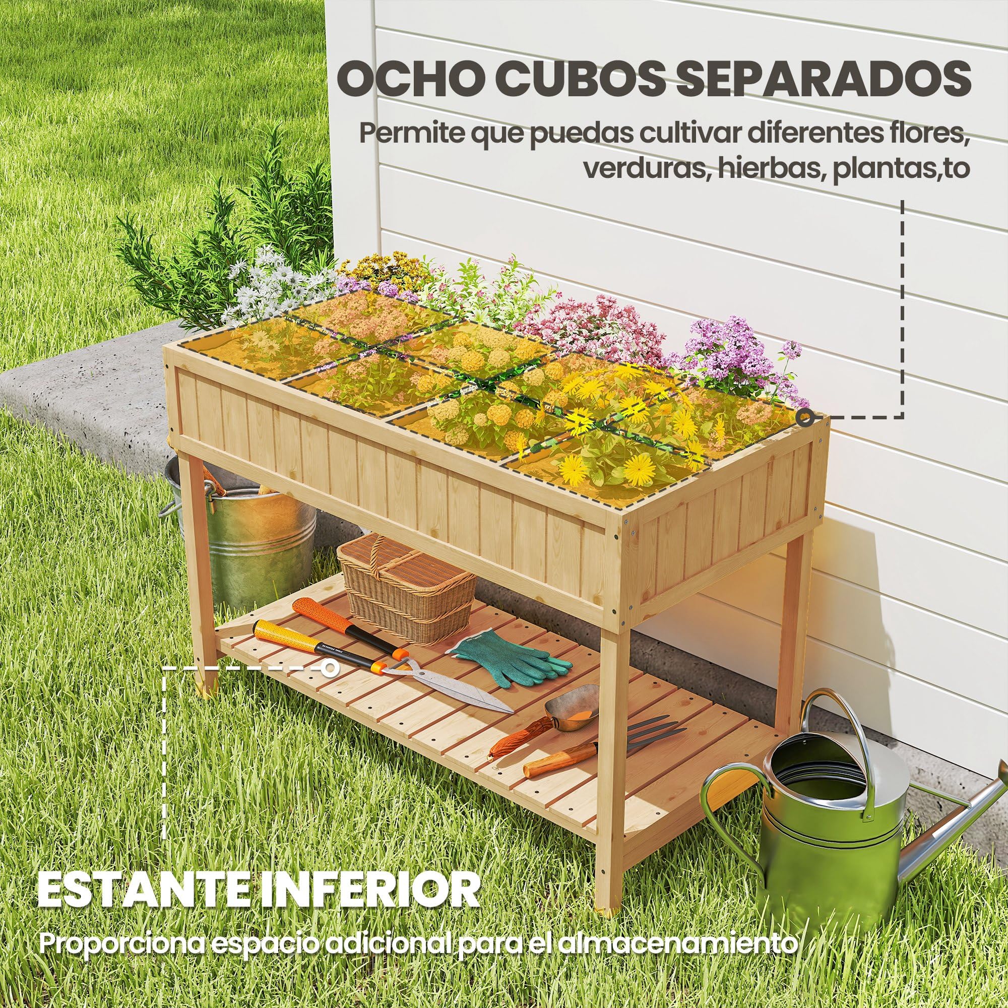 Outsunny Huerto Urbano de Madera, Mesa de Cultivo con Estante Inferior, Jardinera Elevada para Cultivo, Plantas, Flores y Verduras, 110x46x76 cm, Natural
