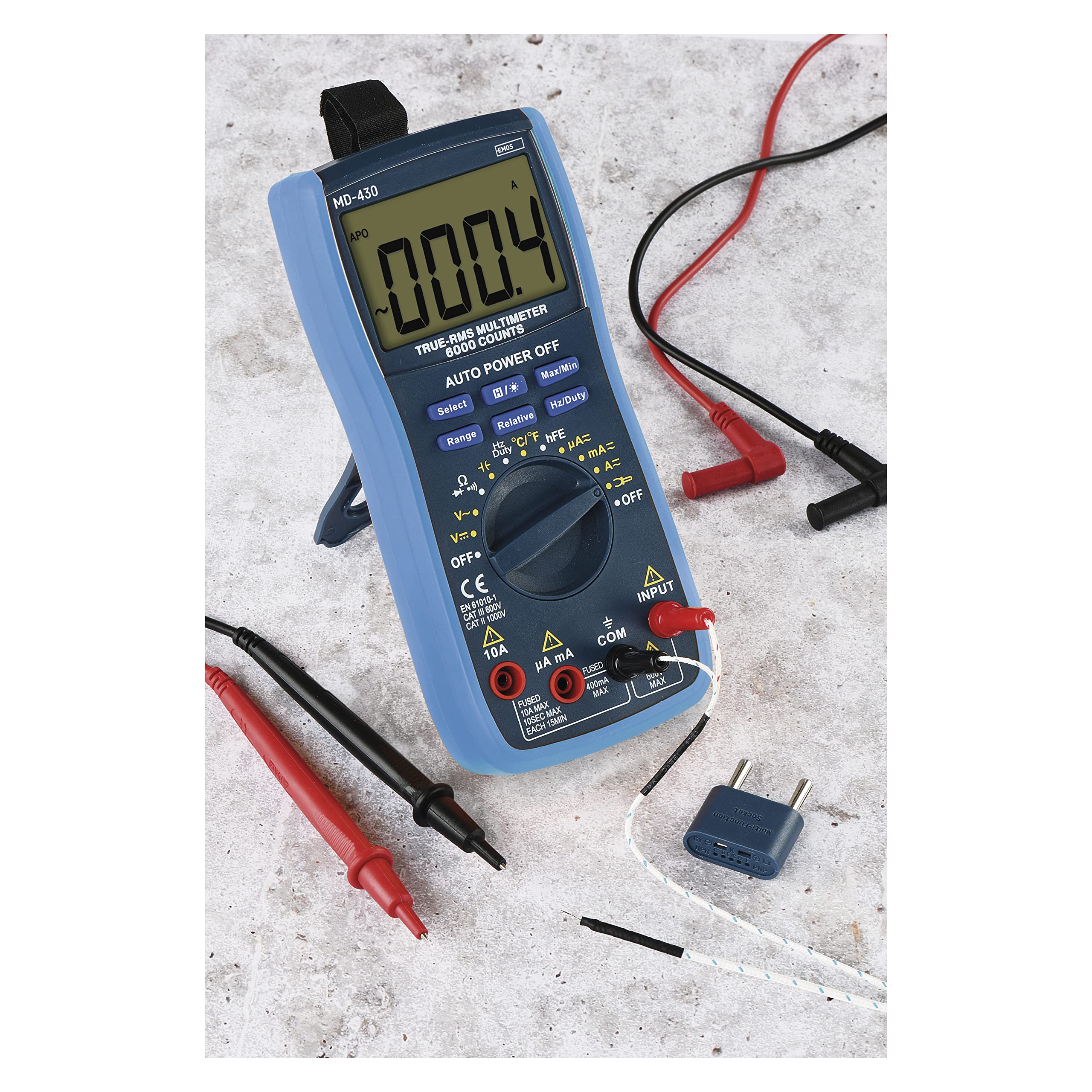 EMOS Digital Multimeter CATIII 600 V, True RMS Auto-Range Current Meter 6000 Counts with Measuring Tips, Reduction and Probe, Memory Function, Includes Battery, Blue, M0430