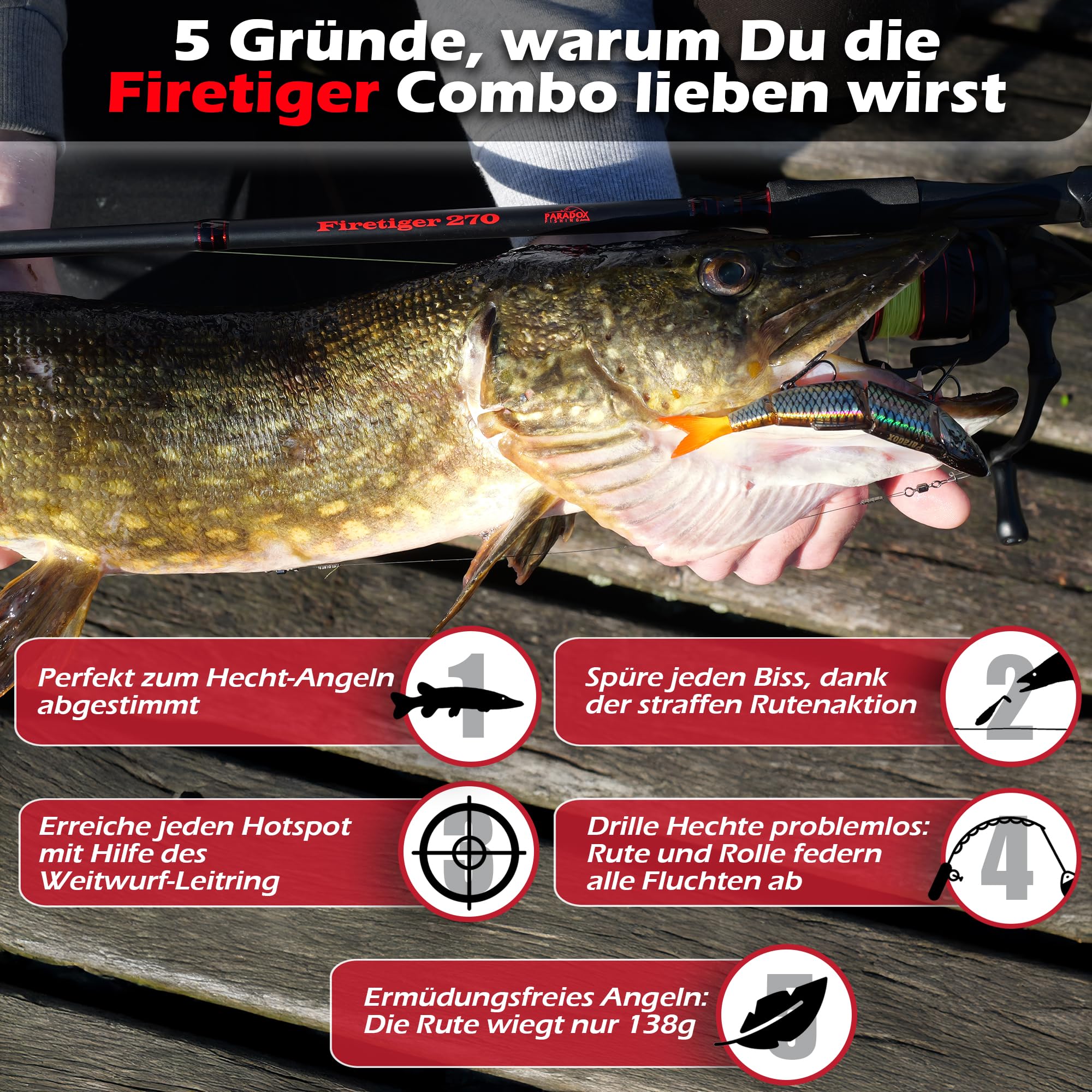 Paradox Fishing Firetiger Spinnrute I 2,1m/2,4m/2,7m I 5-20g/ 15-35g/ 20-60g I Barsch Rute I Zanderrute I Hecht Rute - Spinnruten