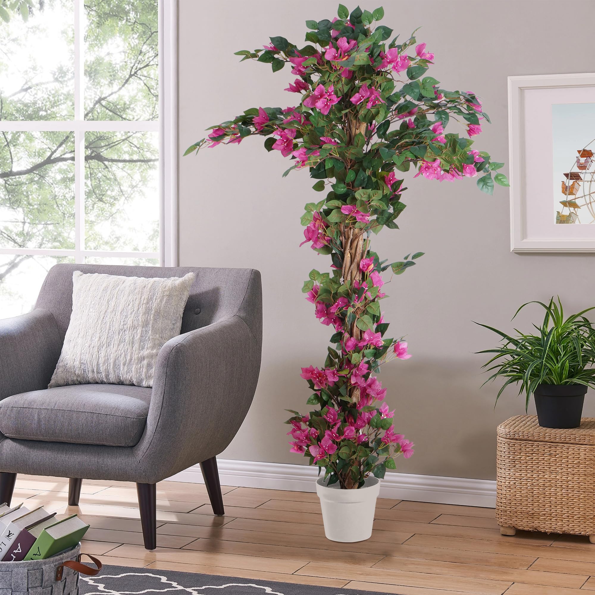 lesolar 5 Feet Artificial Bougainvillea Tree with Blooming Flower & Leaves Large Fake Green Plant with Plastic Pot Artificial Tree Decoration for Home Office Garden Indoor Outdoor