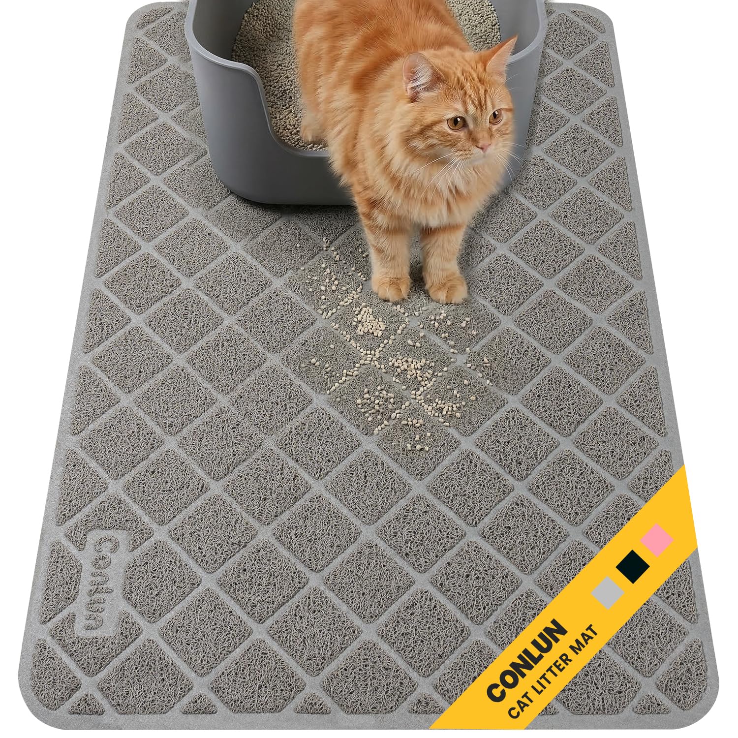 Conlun Cat Litter Mat Litter Trapping Mat, 61 x 43 cm Cat Litter Tray Mat, Premium PVC Grid Mesh Scatter Control Design Litter Box Mat, Waterproof Urine Resistant Material, Easy to Clean, Grey