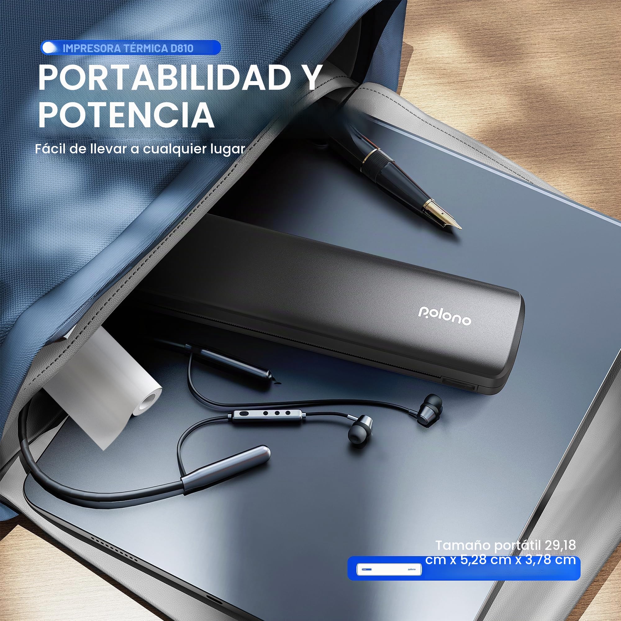 POLONO Impresora térmica A4 inalámbrica para viajes, impresora móvil A4 compatible con formato carta US de 8,5"x11", impresora portátil compatible con iOS, Android, portátil para oficina, coche, negro