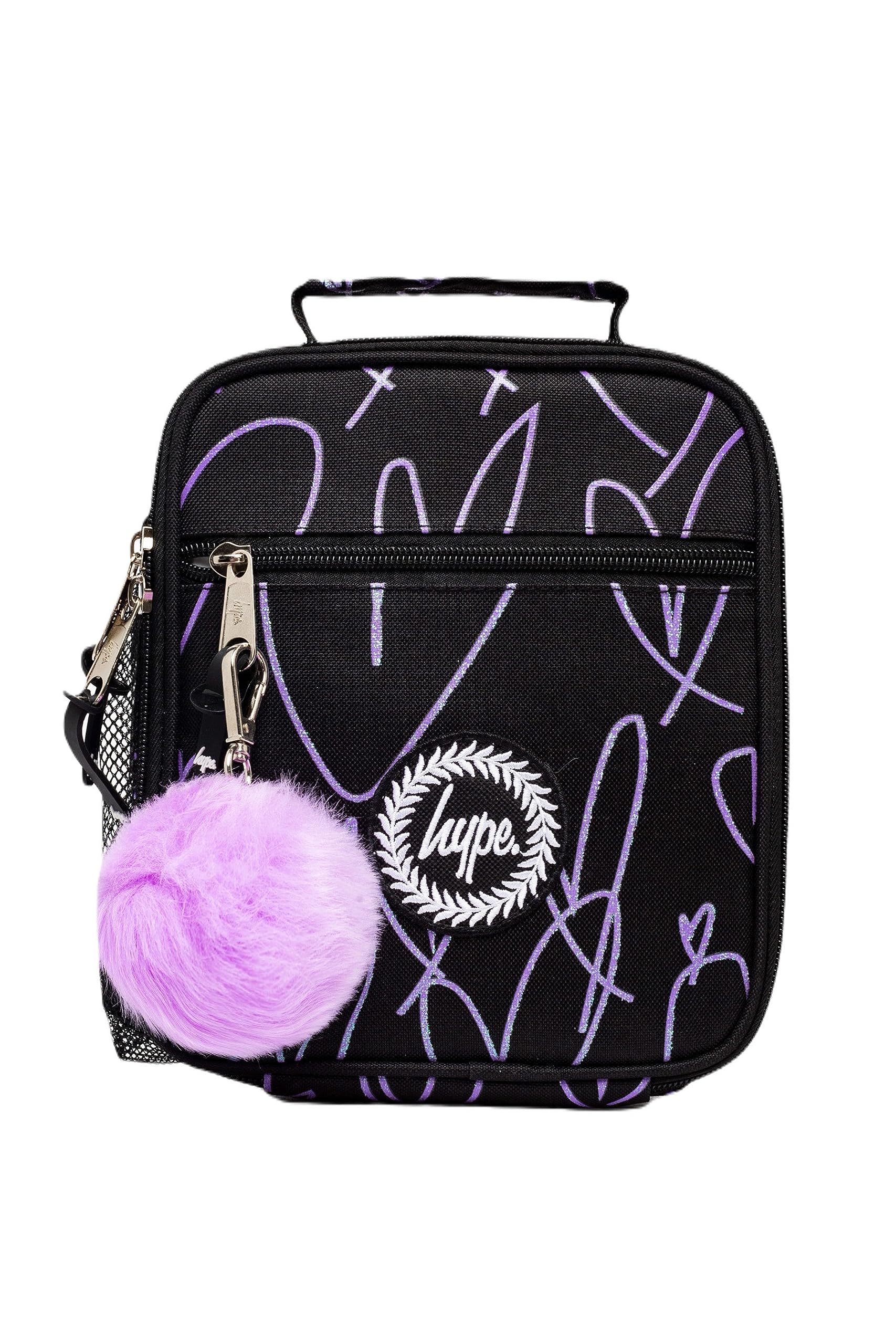 hype Unisex Lunch Box, Purple with Glitter Scribble Hearts, School Bag for Kids, Stylish Lunch Bag with Bottle Holder, 3 Storage Compartments, Inside Thermal Lining & Grab Handle