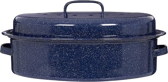 Premier Housewares Oval Self Basting Roaster Enamel, Carbon, Blue, 27 x 37 x 10 cm