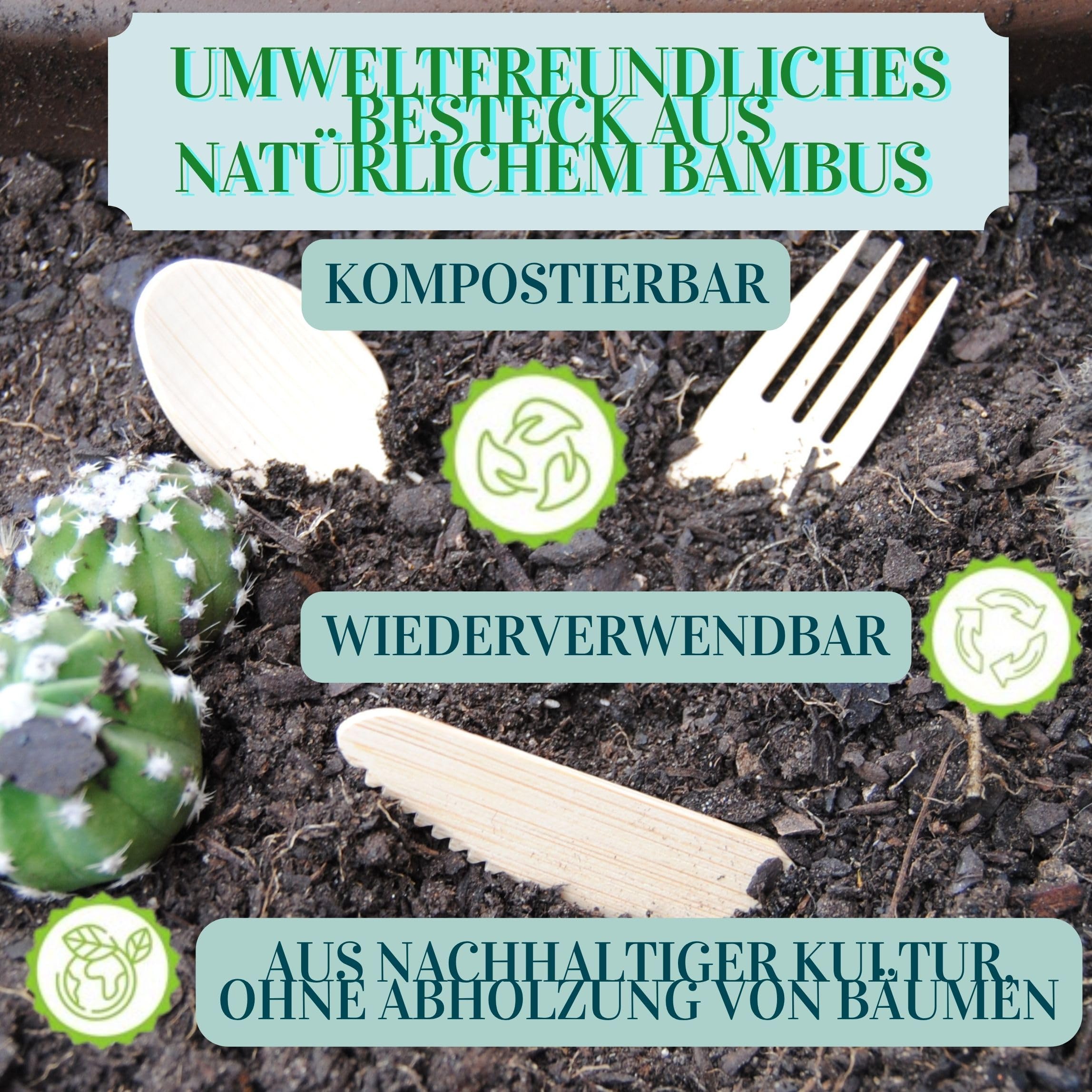 XL 300 Besteck-Set, Bambus, umweltfreundlich, kompostierbar, wiederverwendbar. Kein Holz Geshmack – 100 Gäste (Gabel 16cm/Messer 16cm/Dessertlöffel 14cm). Picknick, Grill, Party, Camping @Claudi Home