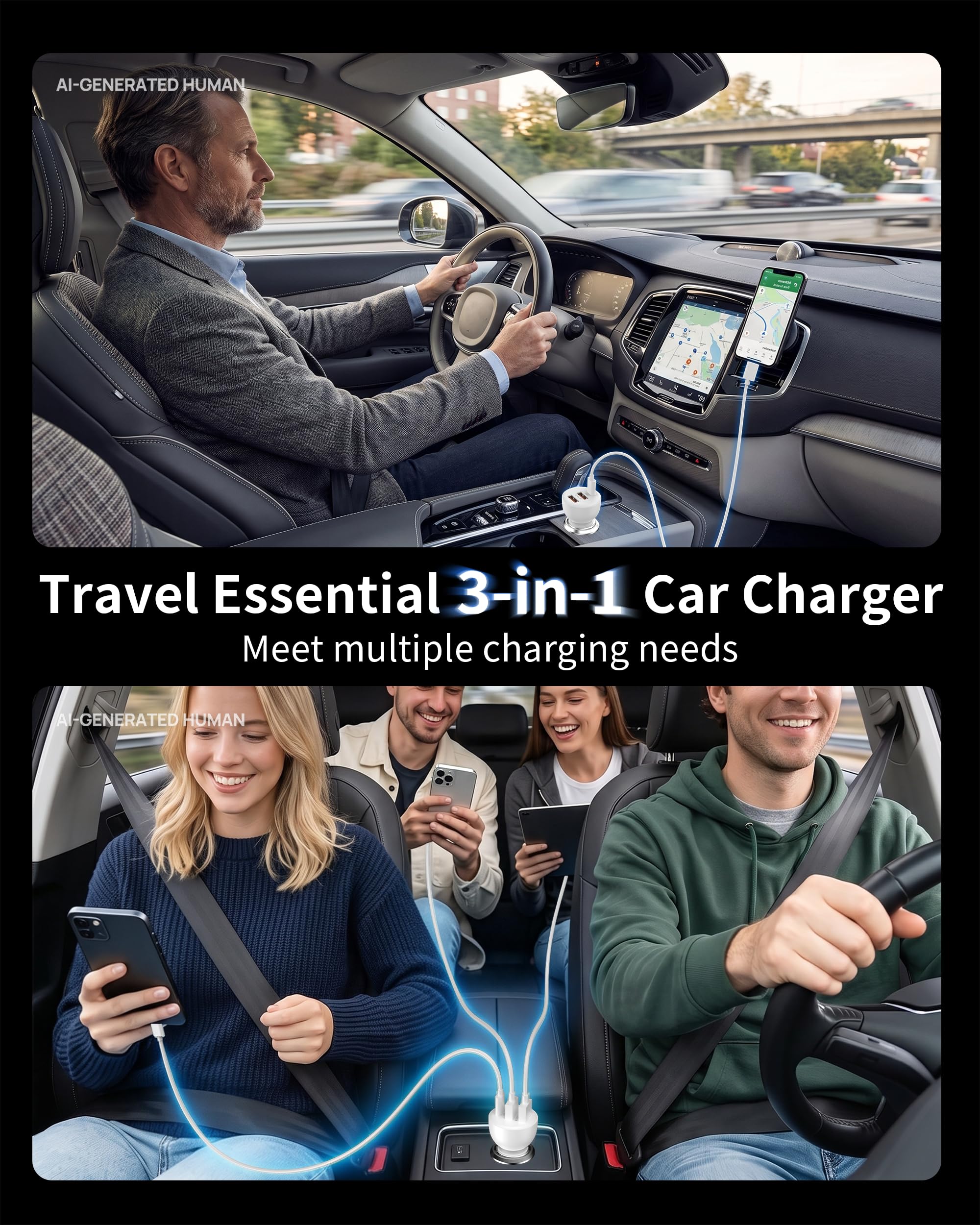 Caricabatterie da auto veloce a 3 porte da 70 W per iPhone 14 13 12 11 Pro Max Plus Mini SE XR XS X 8 7 6, iPad, confezione da 2 cavi USB Carplay e cavo di ricarica Lightnings e adattatore per