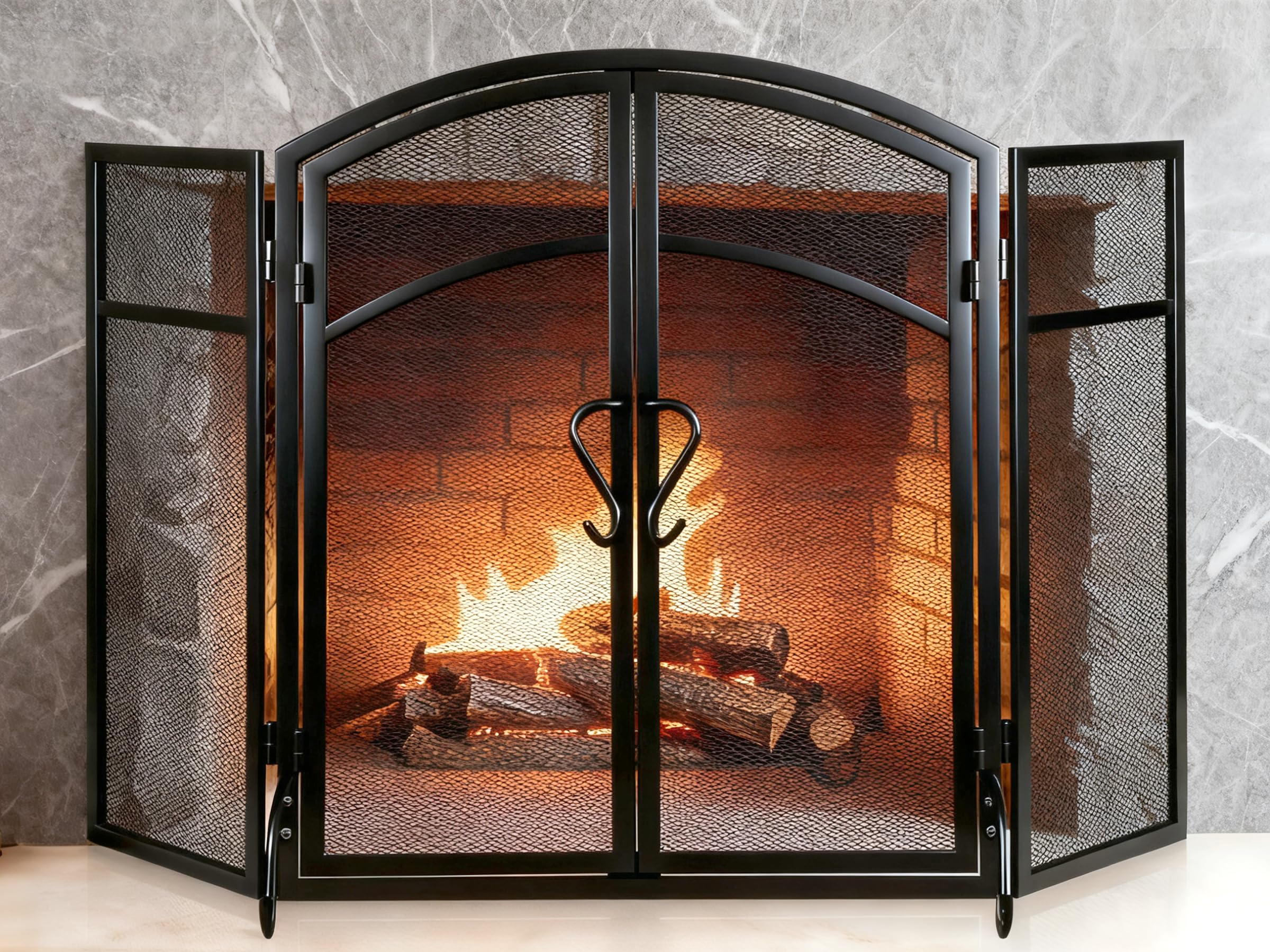 Gtongoko 3 Panel Magnetic Fireplace Screen with Doors 51" W x 32" H Black