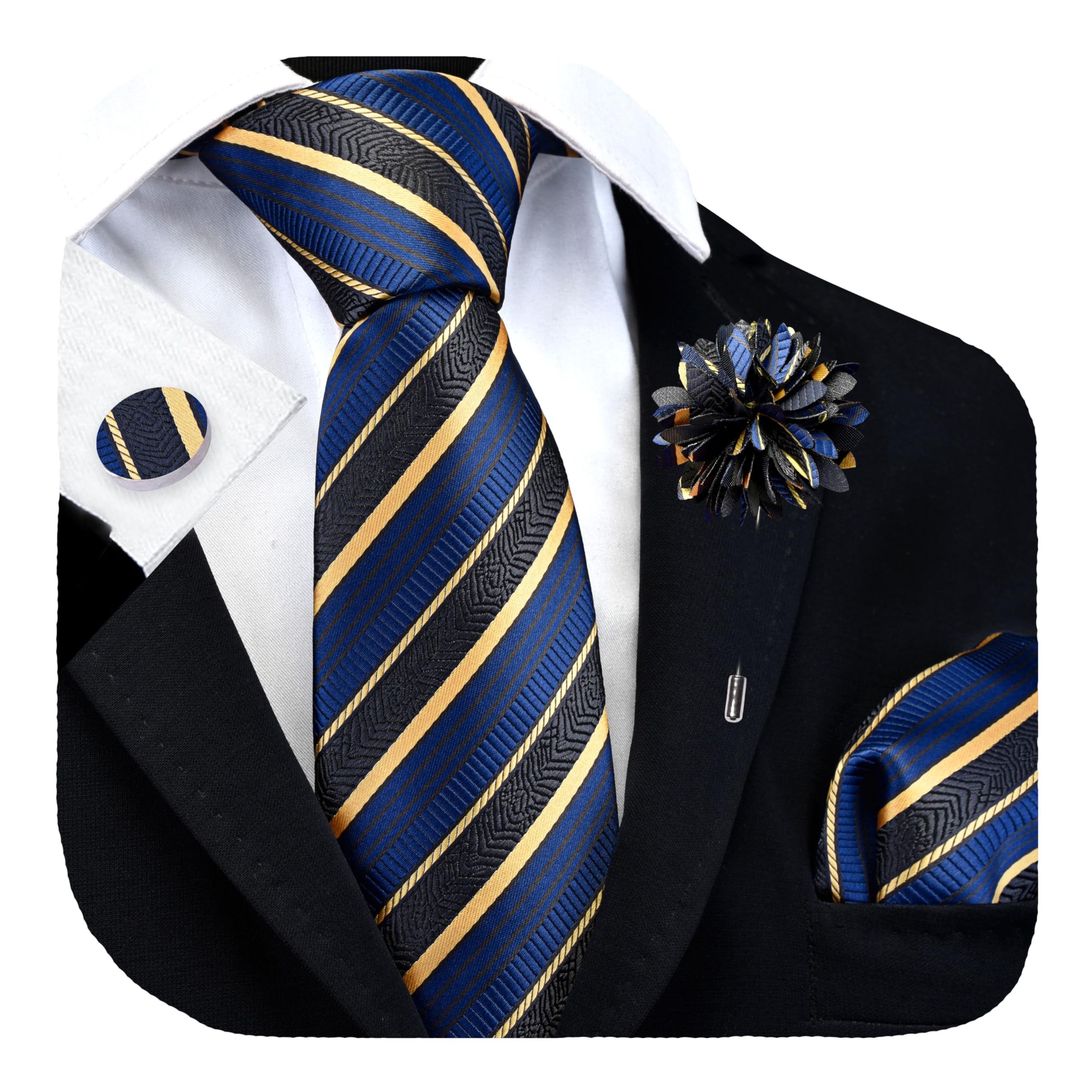 GUSLESON 3.15"（8cm） Mens Stripe Tie and Lapel Pin Necktie Hankerchief Cufflinks Set for Men