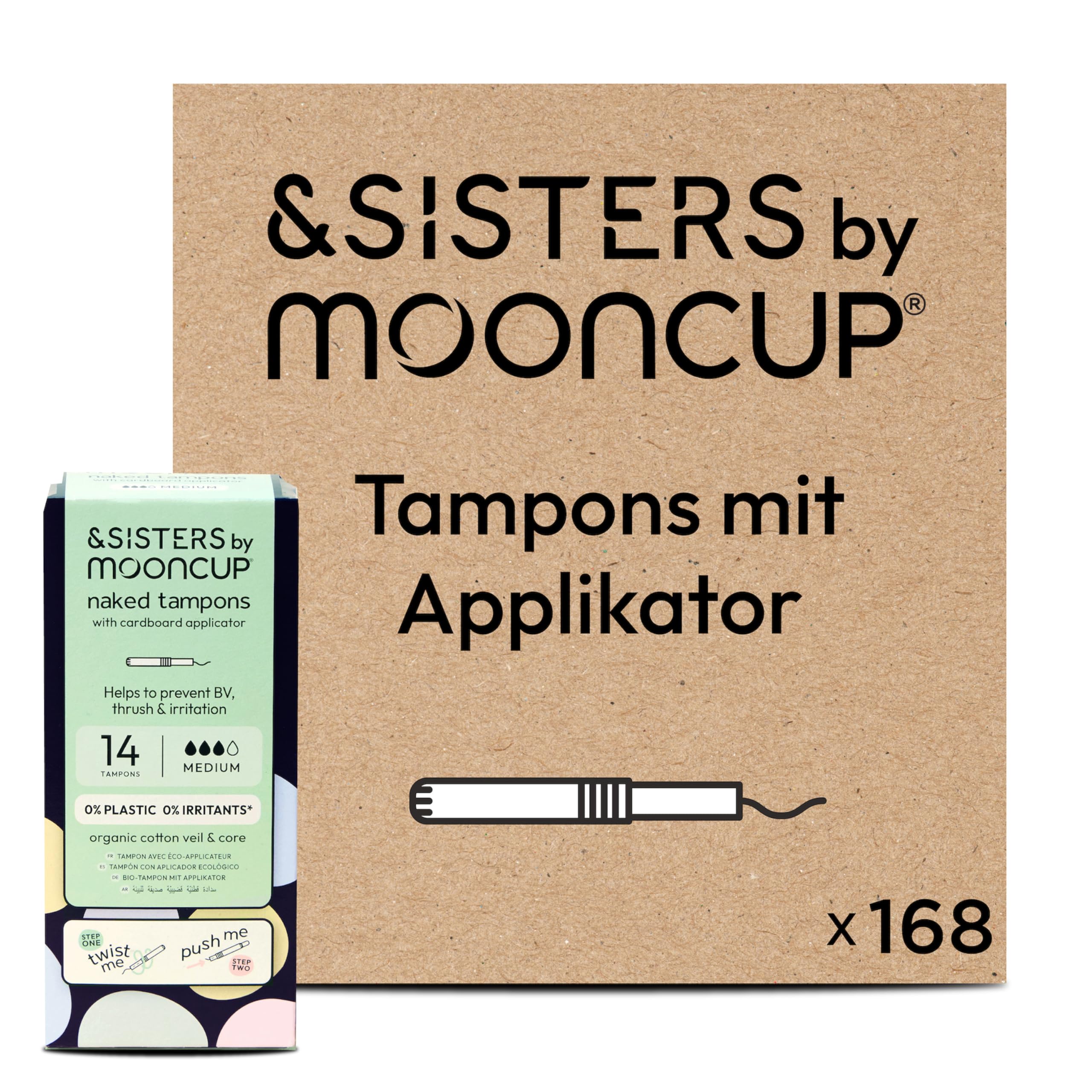 &SISTERS® Mooncup Tampons mit Karton-Applikator, mittlere/superstarke Durchflussrate, Bio-Baumwolle, 168 Tampons