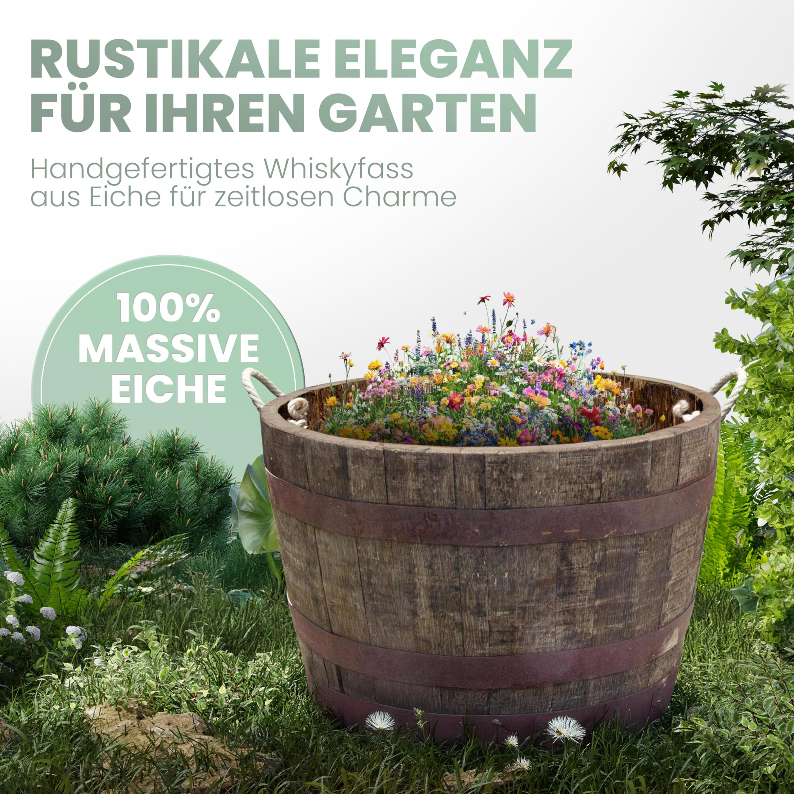 Temesso Halbes Fass aus einem originalen schottischen Whiskyfass (Natur - mit Schlaufen + Rollen + Ablaufbohrungen)