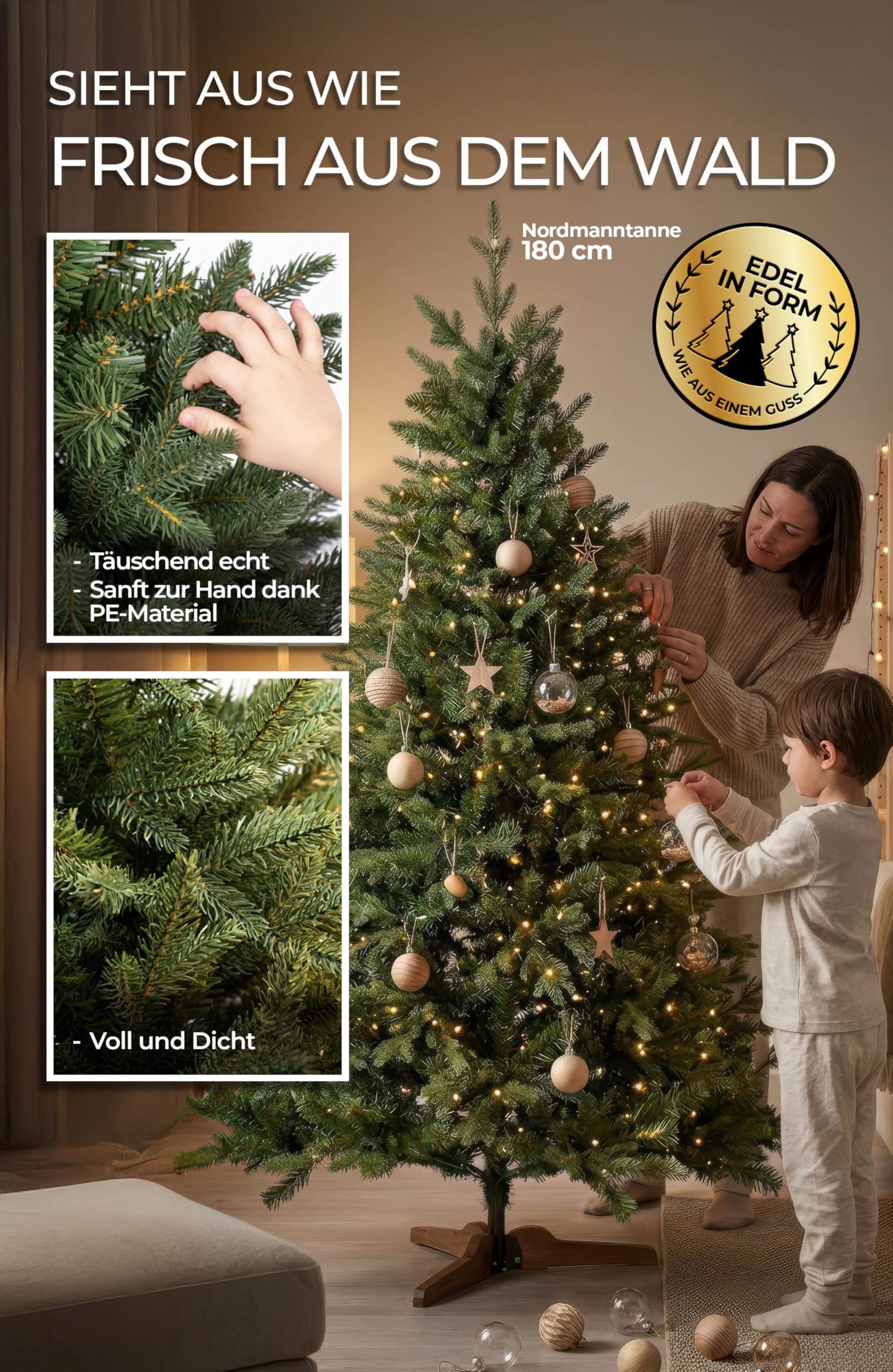 MENZ Weihnachtsbaum künstlich 180 cm, Testsieger 91/100, 10 Jahre Garantie. | Premium Tannenbaum künstlich, naturgetreue Nordmanntanne mit 1.050 Spitzen, Ø 115 cm, Holzständer, Christbaum, Christmas Tree