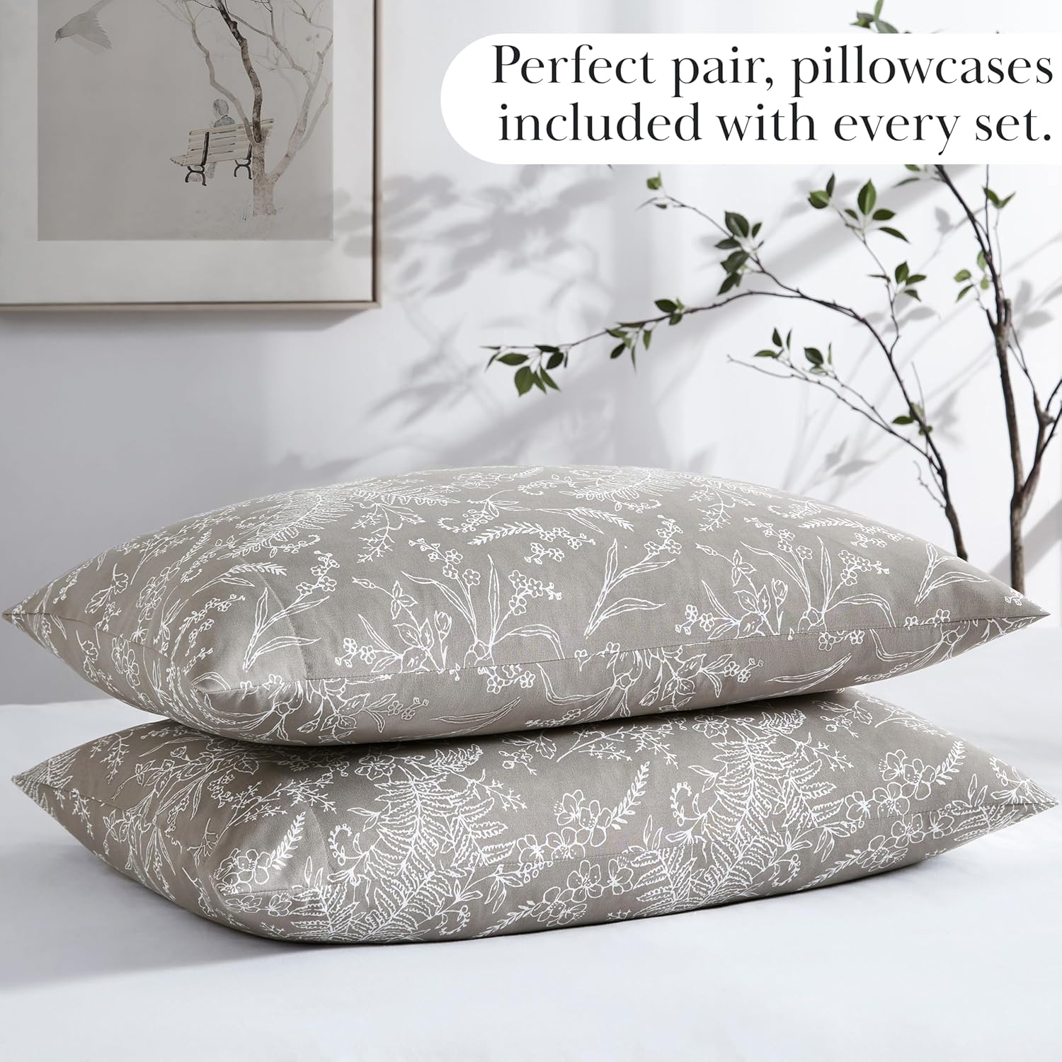 Southshore Fine Living, Inc. Winter Brush, 15 Inch Beige Floral Sheets Queen, 4-Piece Floral Sheet Set, Deep Pocket Sheets, Printed Queen Sheet Set, Warm Sand, White Flowers