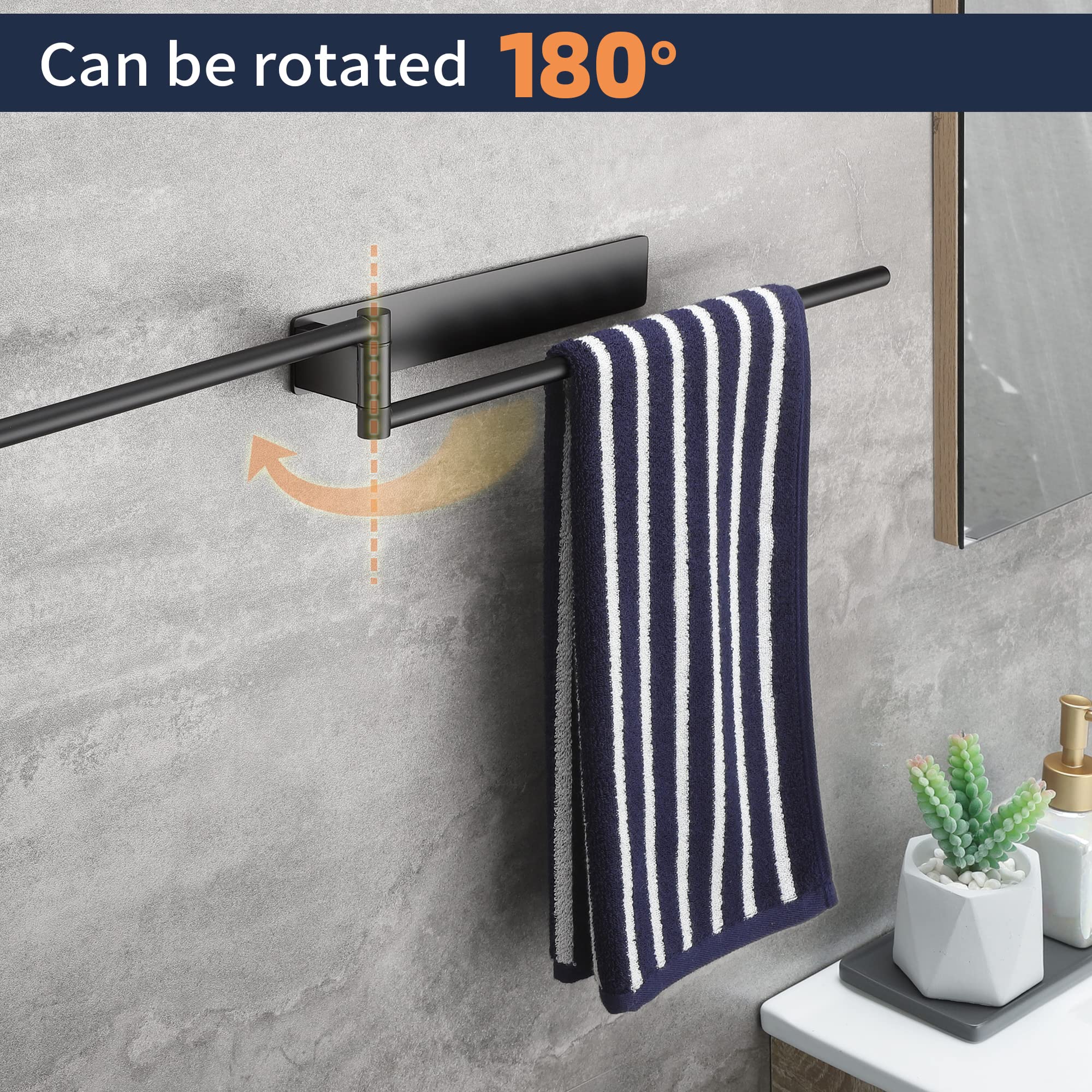 Porta Asciugamani Adesivo Per Bagno - Acciaio Inox, Doppia Asta, Senza Fori, Nero, 39 Cm