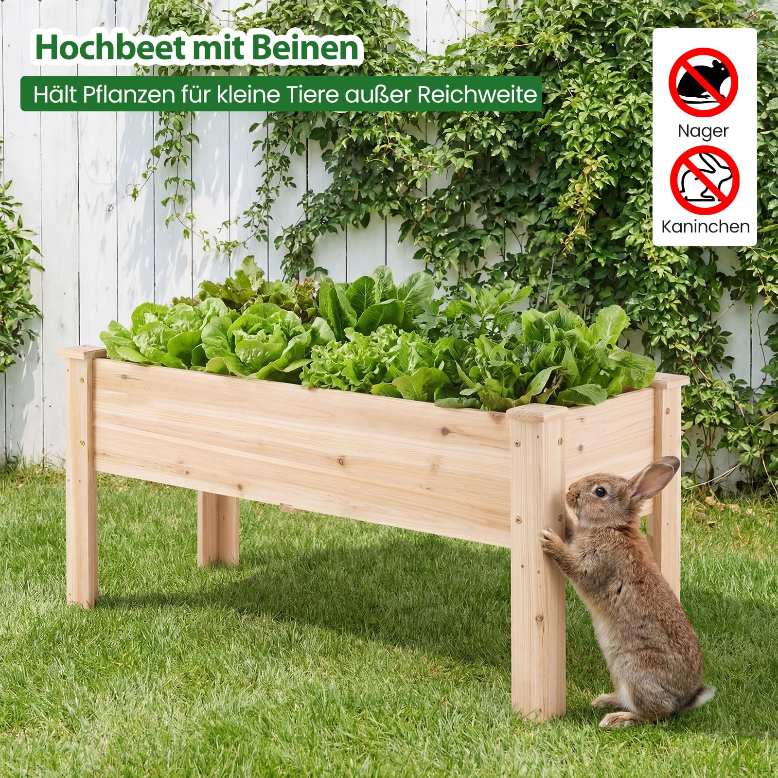 COSTWAY Hochbeet aus Holz, Pflanzbeet für Kinder, 119x45x51cm, Pflanztrog bis 100 kg, Blumenkübel mit Ablauflöchern & L-Beinen, Kräuterbeet rechteckig, Anzuchtbeet Garten Terrasse Balkon, Natur
