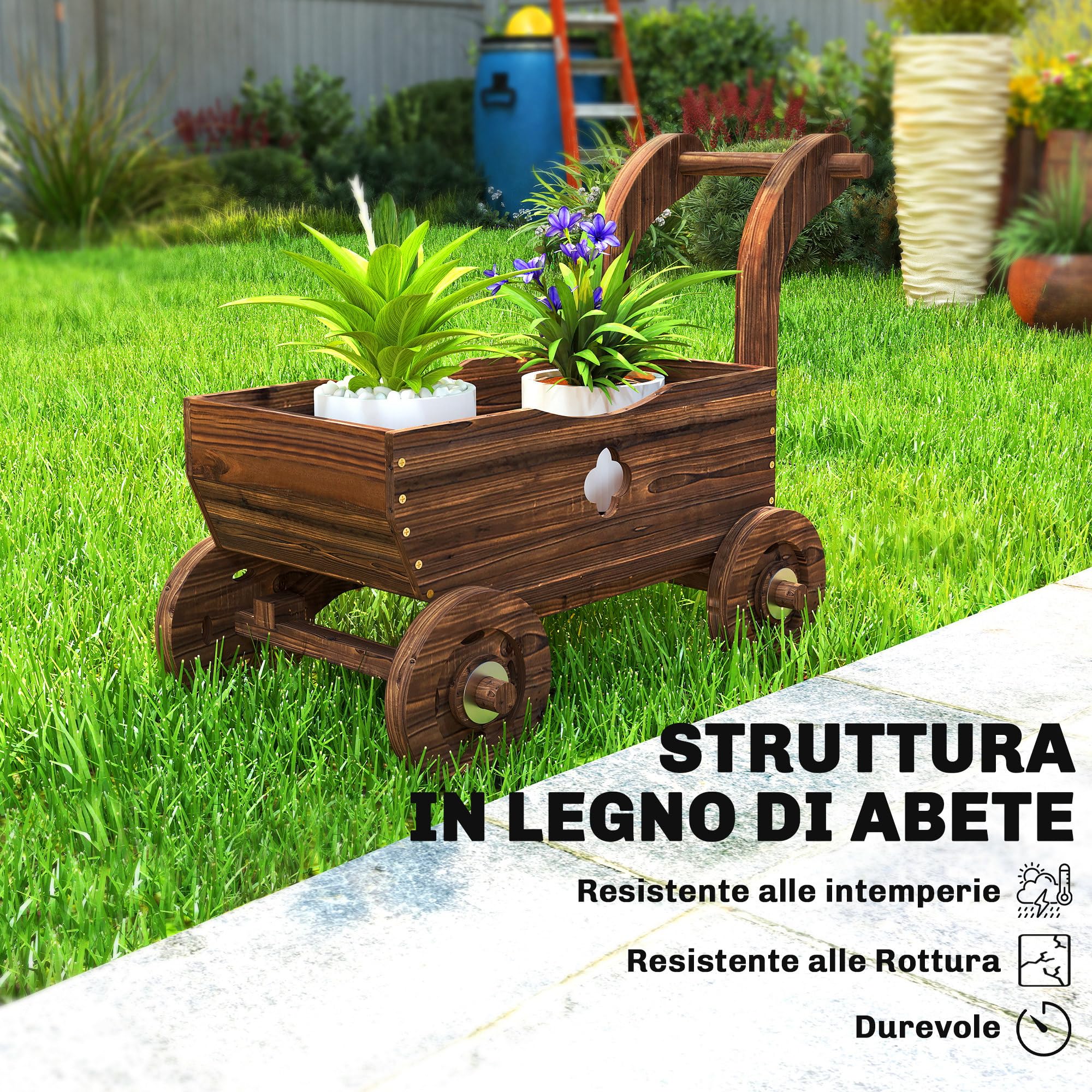 Outsunny Letto per Orto Rialzato da Esterno a Forma di Carretto con 4 Ruote e Maniglia, Fioriera in Legno di Abete con Fori di Drenaggio, per Balcone Patio, 68x38x52 cm, Carbonizzato