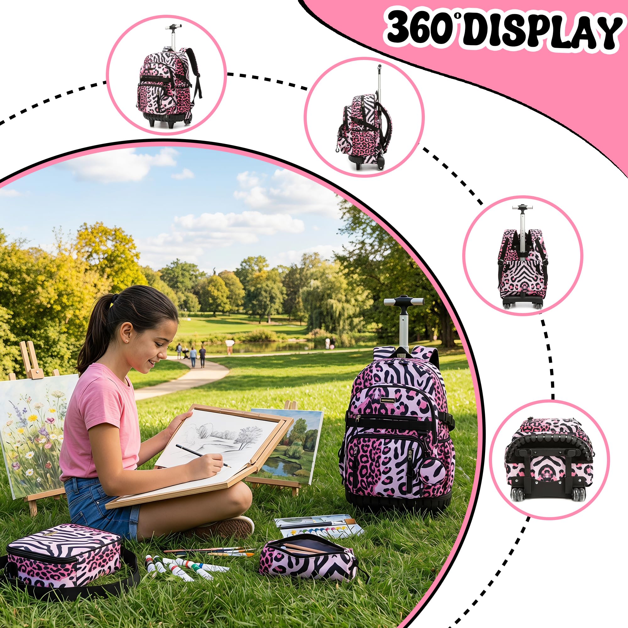HTgroce Schulrucksack Trolley Mädchen – Schulranzen mit Rollen & Kinderkoffer – Große Schultasche für Grundschule & Reisen – School Trolley Handgepäck