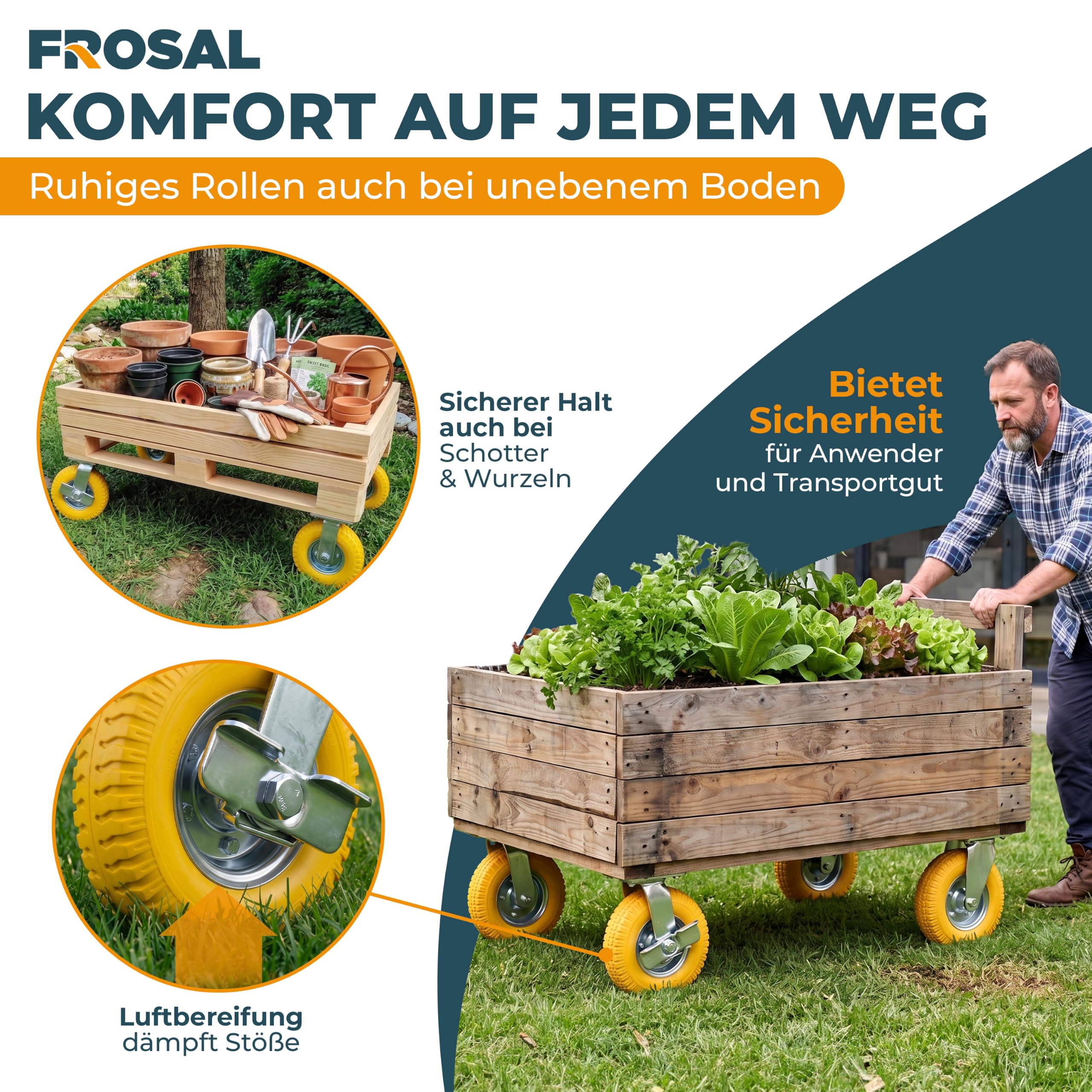 FROSAL Lenkrollen & Bockrollen SET PU 8“ pannensicher Bremse Ø Rad 200 mm Rollen Transportrollen Palettenrollen