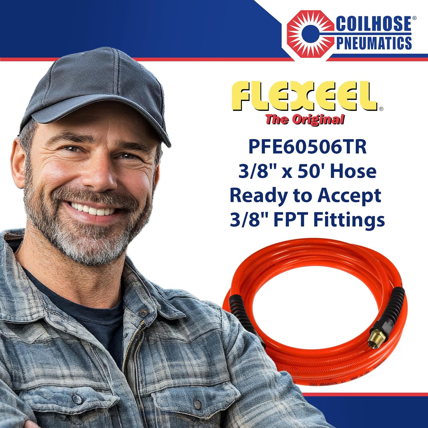 Coilhose Pneumatics PFE60506TR Flexeel Reinforced Polyurethane Air Hose, 3/8-Inch ID, 50-Foot Length with (2) 3/8-Inch MPT Reusable Strain Relief Fittings, Transparent Red