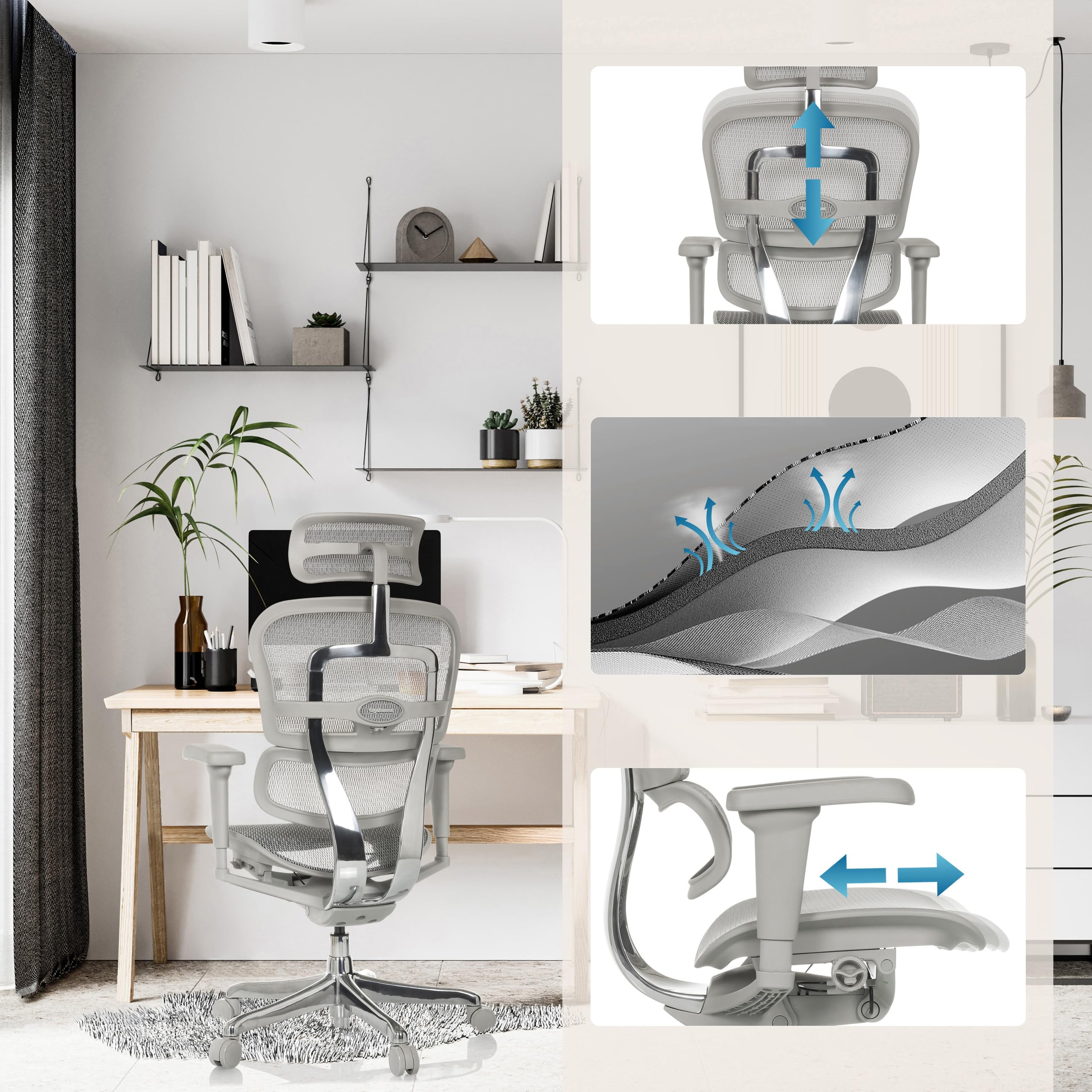 hjh OFFICE Bürostuhl ergonomisch ERGOHUMAN Ultra G GEN2 Originales Design, Bürosessel mit Flexibler Lendenwirbelstütze, Netzbespannung, Grau