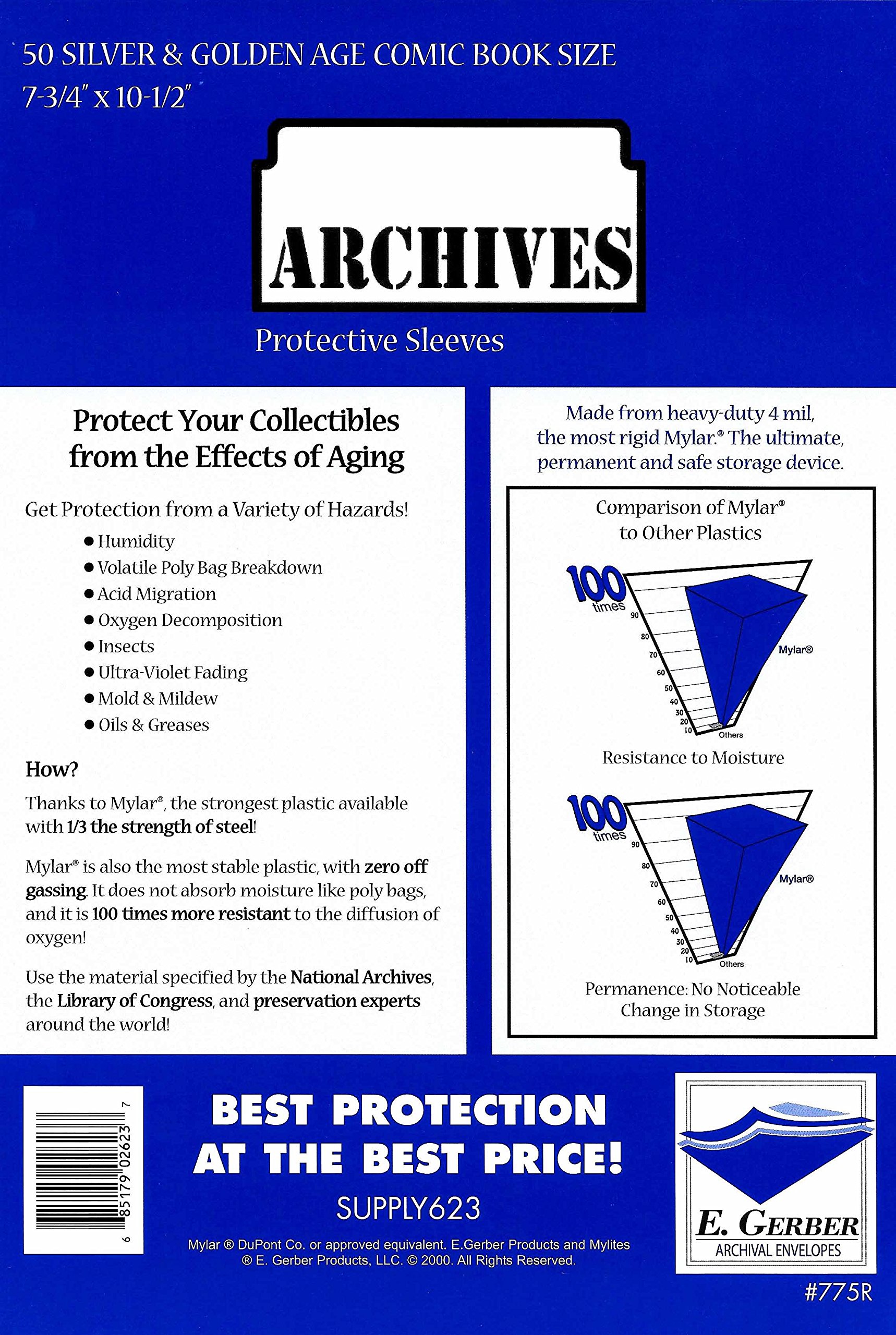 Archives Silver & Golden Age 4-Mil Thick Comic Mylar Sleeves 7-3/4" x 10-1/2" Plus Two 7/8" Non-Foldable Flaps