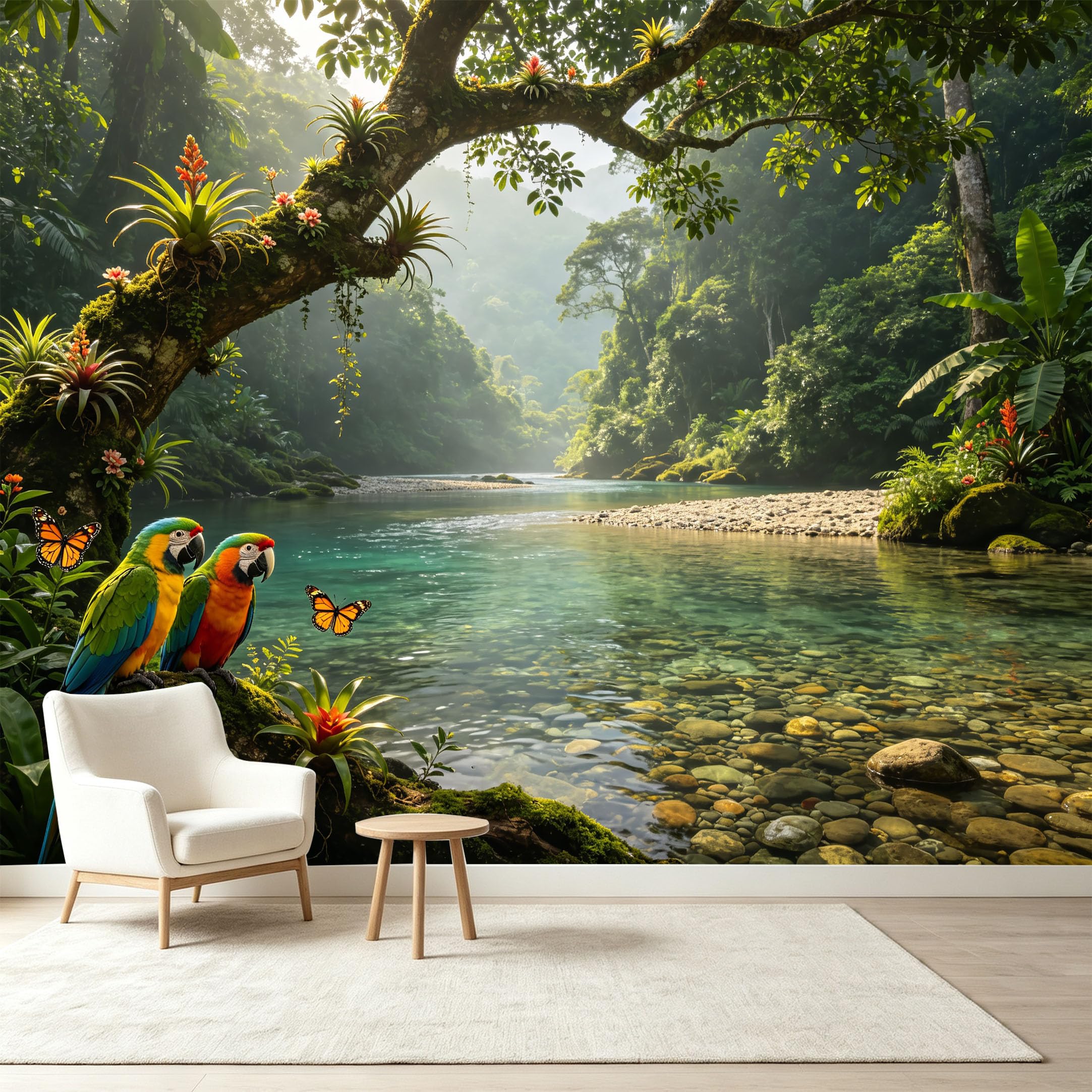 Custom Size Wall Murals Tropical Jungle River Macaw Parrot Butterflies Self-Adhesive Wall Fabric Removable Wallpaper Wall Decor for Living Room Bedroom Bathroom