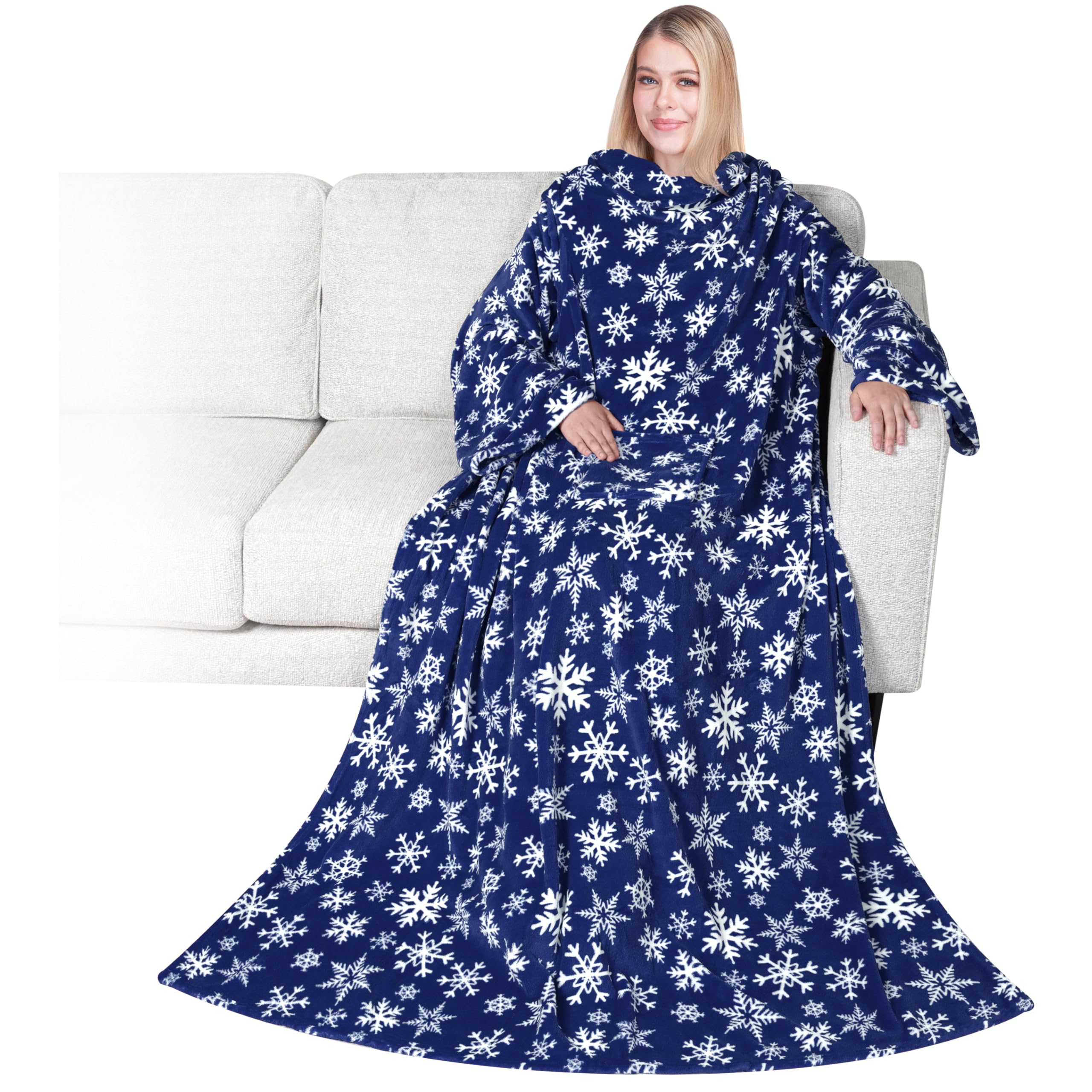 PAVILIA Wearable Blanket with Sleeves for Adult Women Men, Cozy Fleece Warm Wrap Throw with Arms, Gifts for Christmas, Wife, Snowflake Blue, Fleece