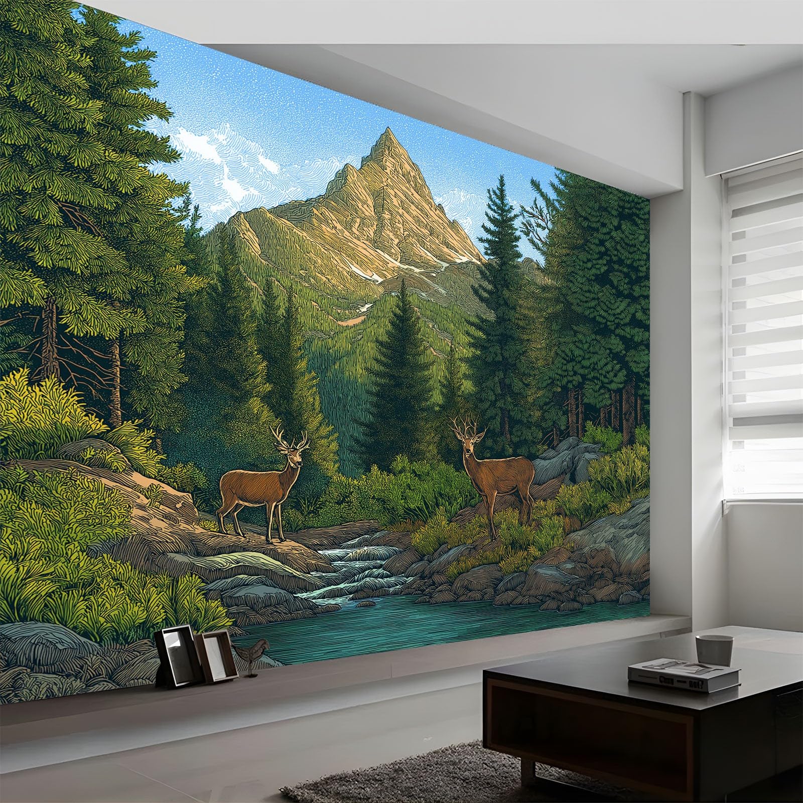 Tapeta 3D, las, strumień, jeleń, 250 x 175 cm, murale ścienne, naturalne elementy, włóknina, fototapeta do salonu, sypialni, pokoju dziecięcego, biura, dekoracja, łatwa w instalacji