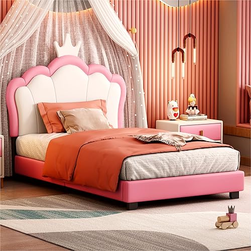 Cama de princesa tapizada de tamaño individual con cabecero corona, cama de plataforma de tamaño individual con cabecero y estribo, no necesita