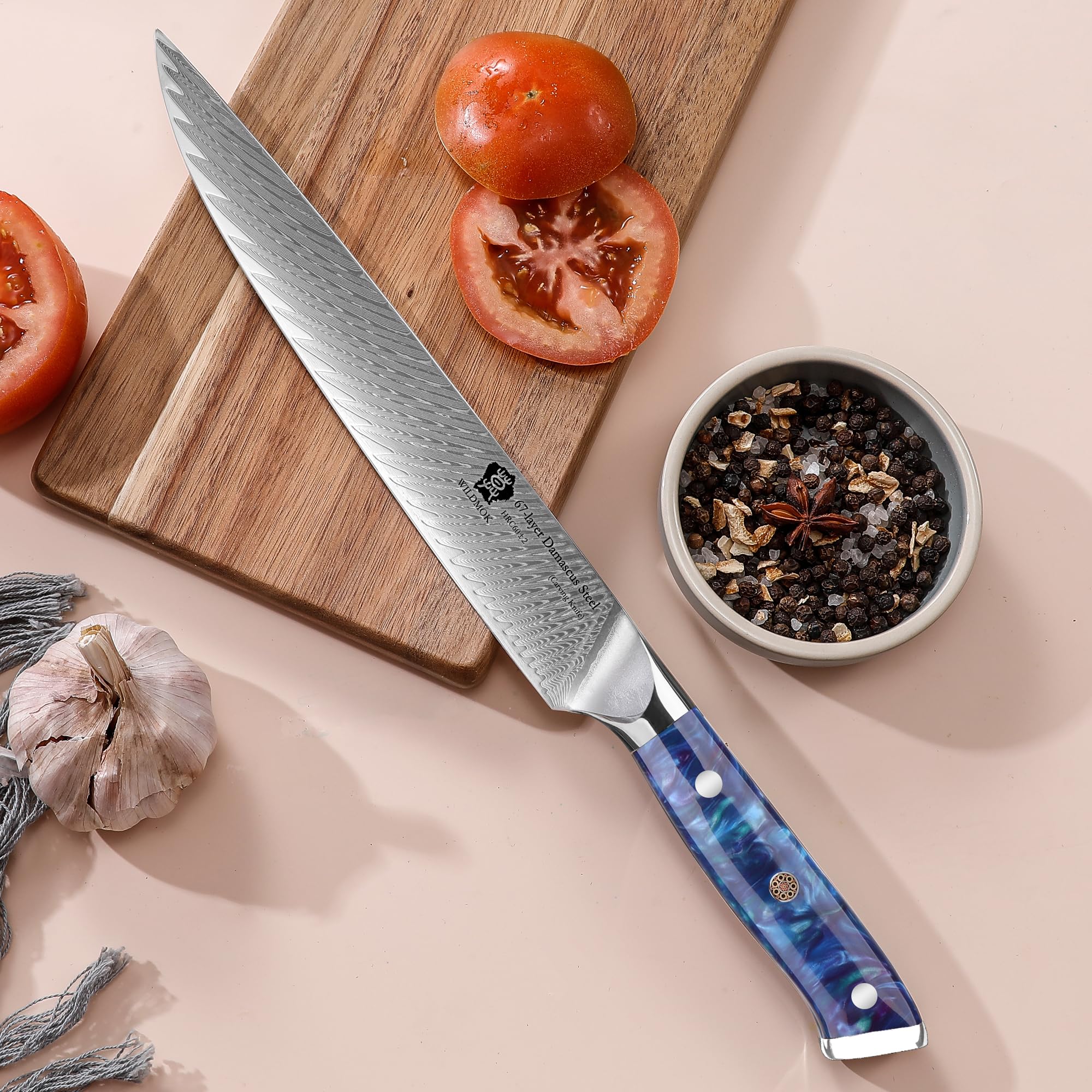 WILDMOK Cuchillo de trinchar Damasco, cuchillo de carne profesional afilado de 22cm, cuchillo de cocina multifuncional hecho de acero japonés Super VG10 con mango de espiga completa