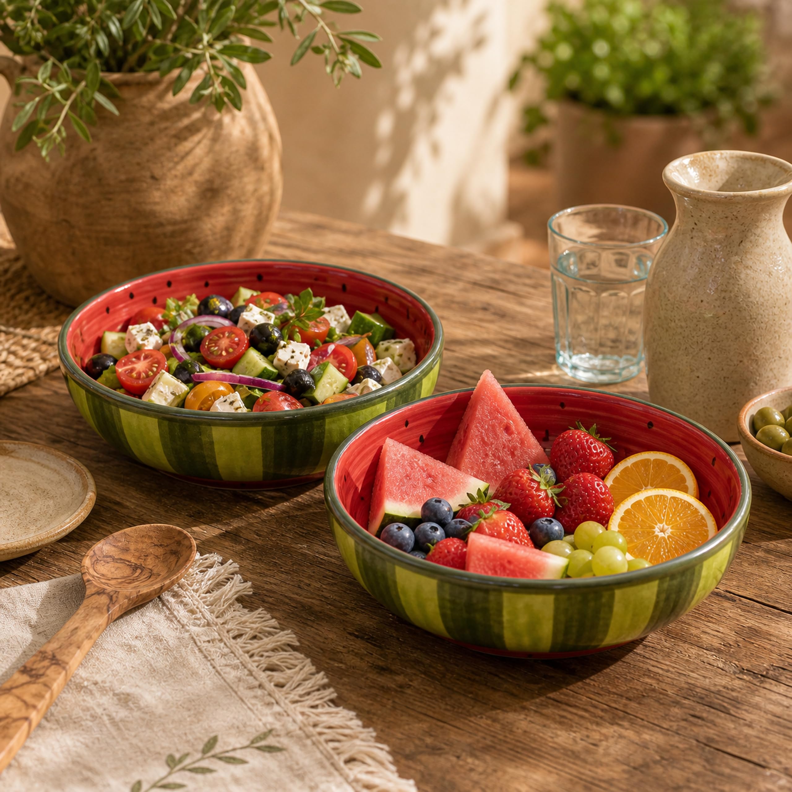 Ensaladera cerámica sandía pack de 2, bowl frutero 27 x 7,5 cm rojo verde para ensaladas y frutas