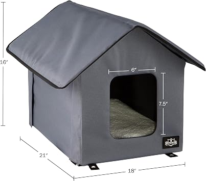 Heated Cat House - Double-Door Cat Bed with Zippered Roof, Pet Heating Pad, and Sherpa Cover - for Garage, Porch, Barn, or Basement by PETMAKER (Gray)