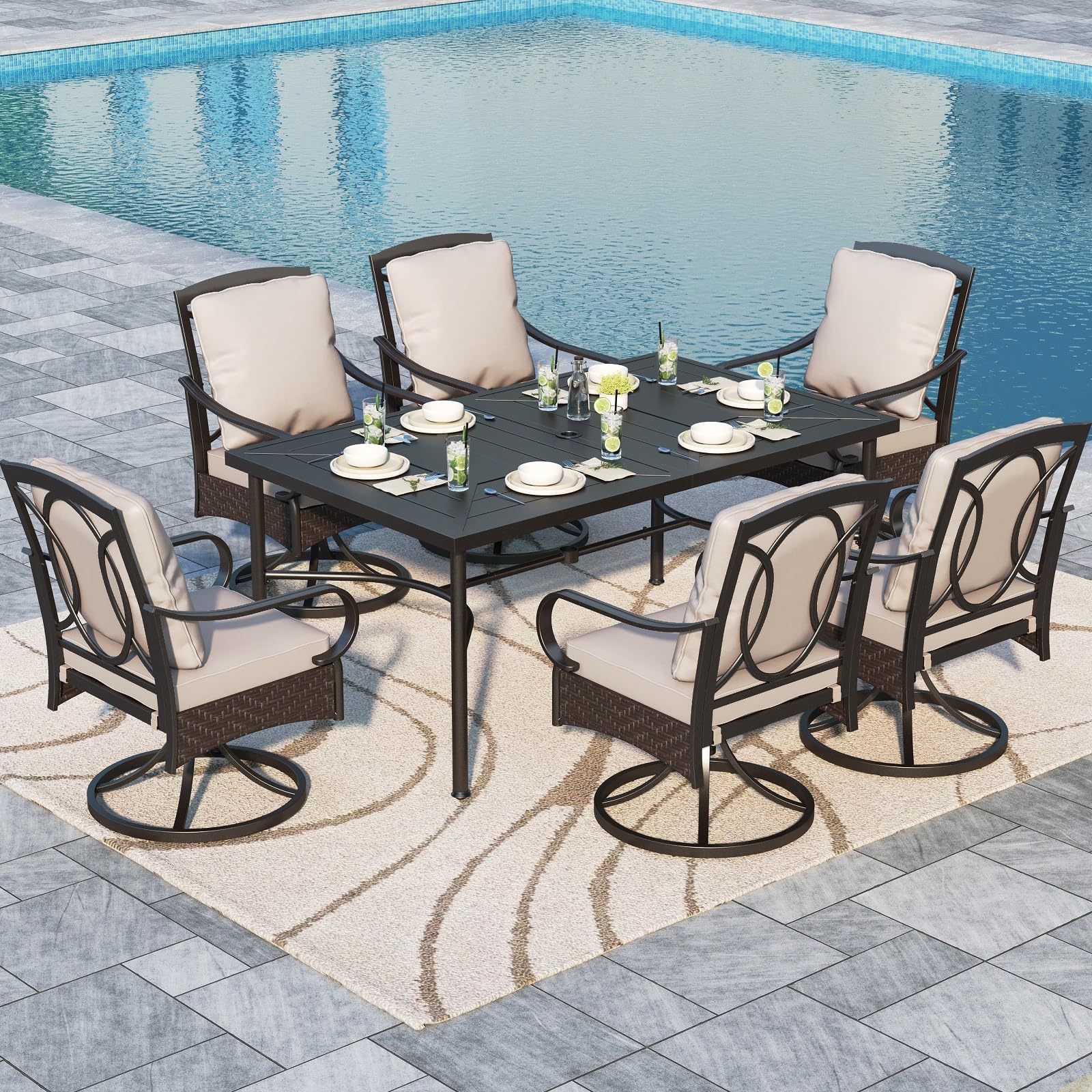 Sophia William Patio Dining Set 7 Piece Outdoor Table Furniture Set - 6 Padded Outdoor Swivel Dining Chairs