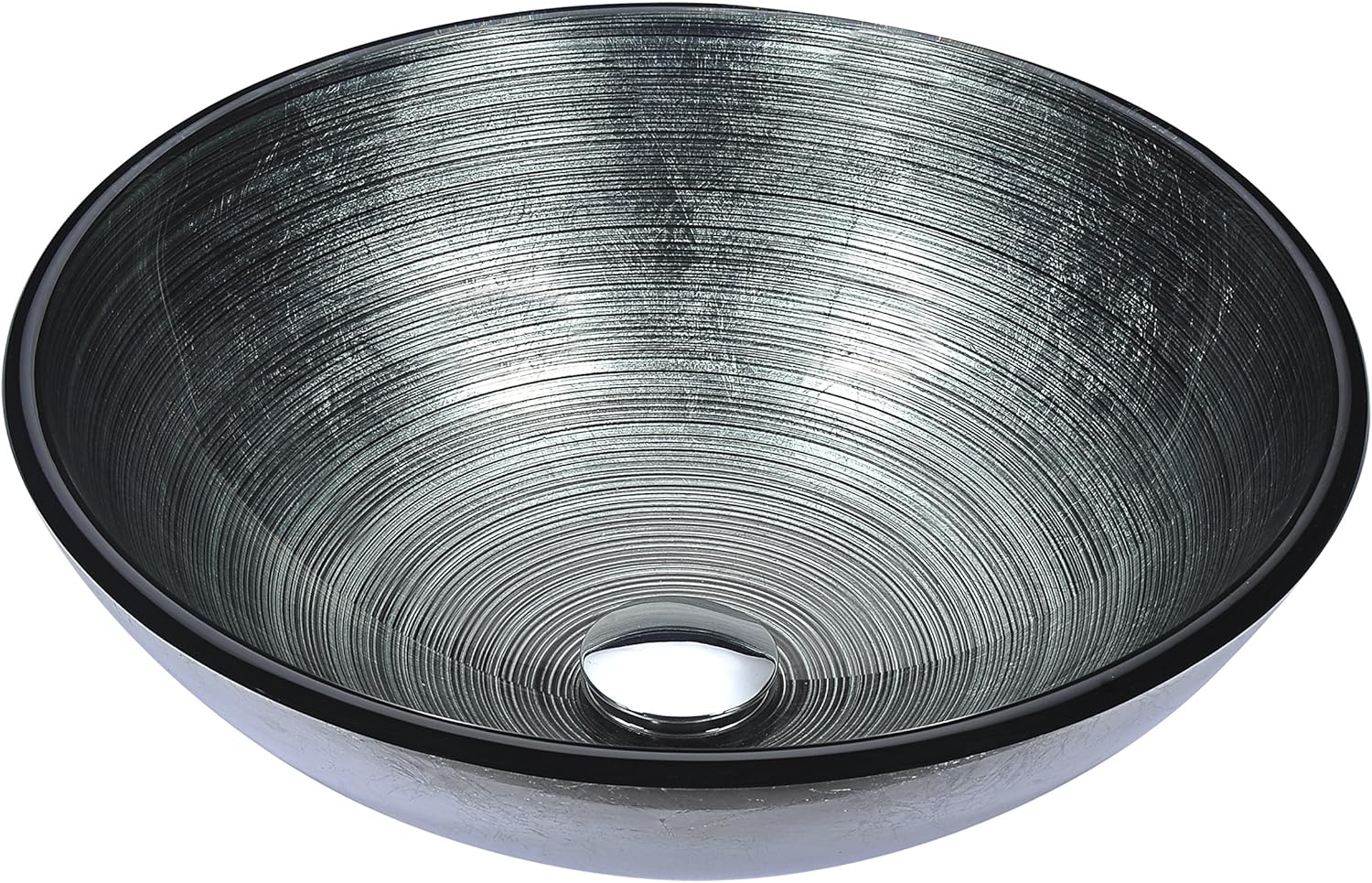 ANZZI Posh Modern Tempered Glass Vessel Bowl Sink in Brushed Silver | Grey Charcoal Top Mount Bathroom Sinks Above Counter | Round Vanity Countertop Sink Bowl with Pop Up Drain | LS-AZ285