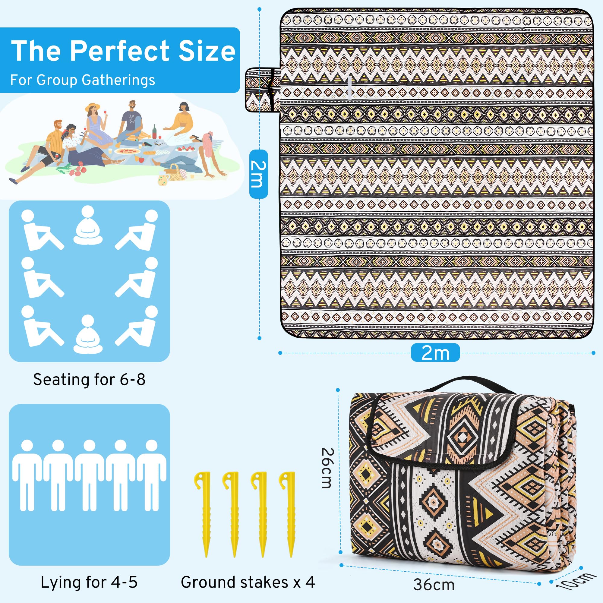 COZCLAM Manta Picnic Impermeable, 200 x 200 cm Mantel Picnic, Portátil Picnic Blanket, Alfombra Exterior, Manta Playa, Lavable a máquina, Aislante, Ideal para Playa, Picnic, Camping (Negro)