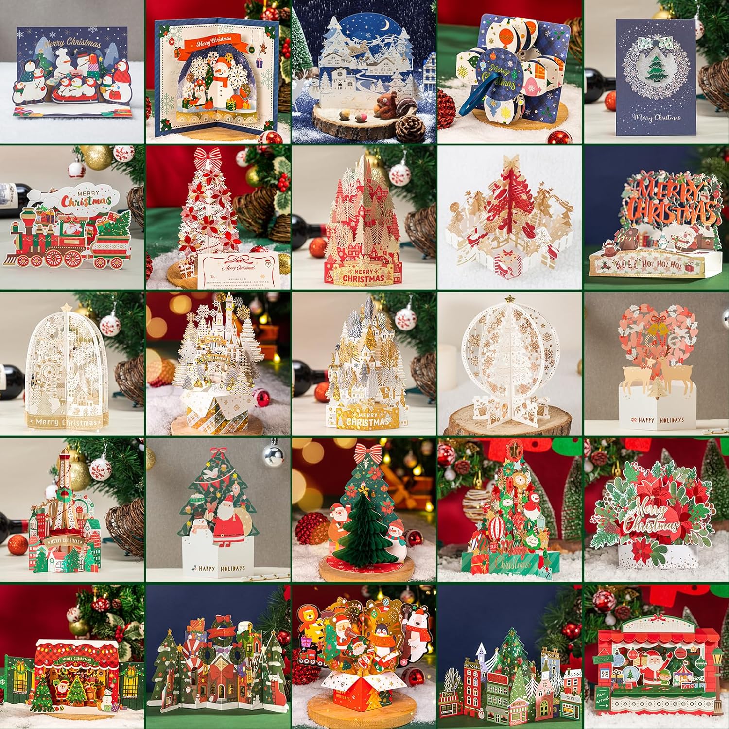 WISHGIFT 25Pcs 3D Christmas Cards, Merry Christmas Cards Handmade, Greeting Cards & Envelopes for Xmas XMAS-008