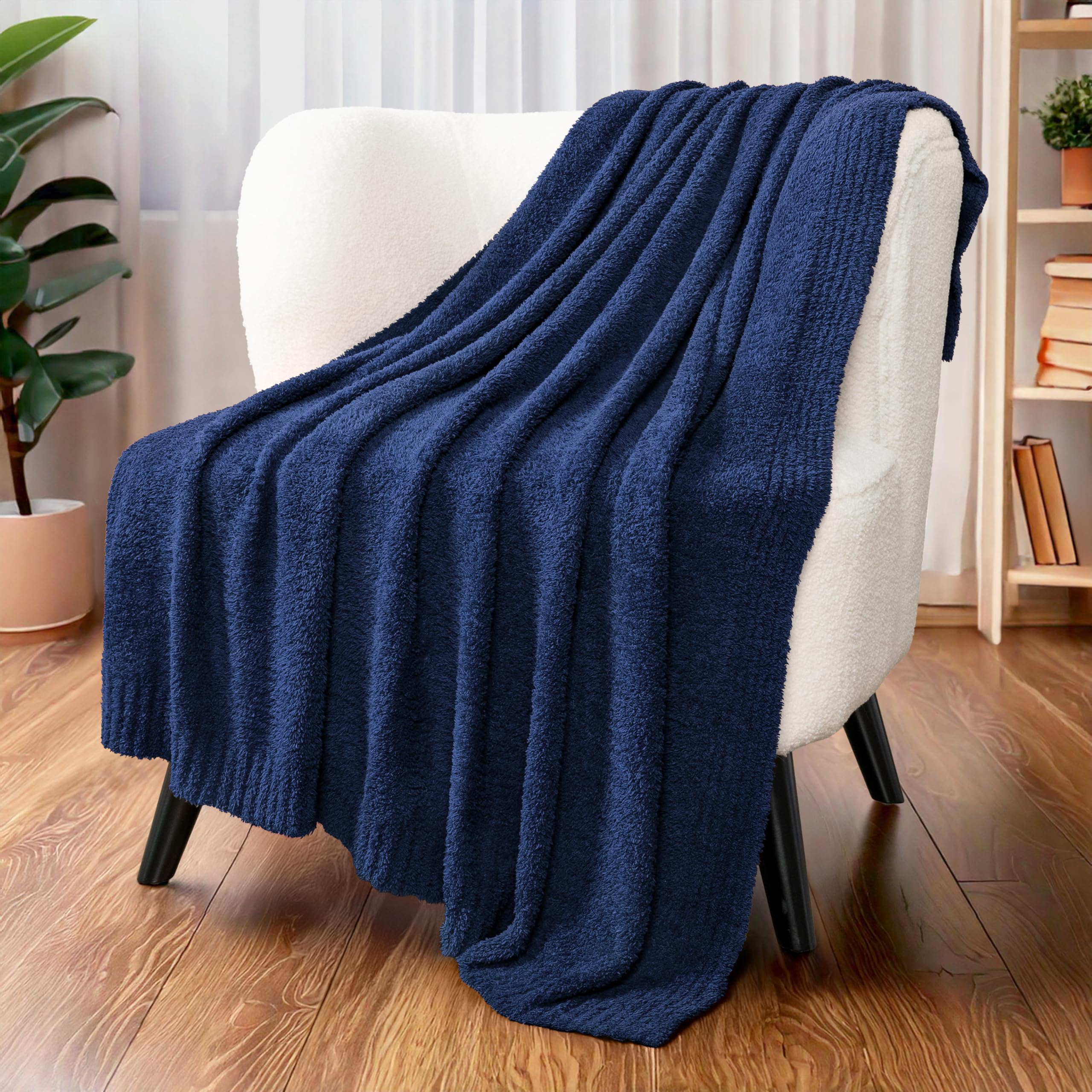 PAVILIA Super Soft Throw Blanket for Couch, Fluffy Cozy Lightweight Navy Blue Blanket, Fuzzy Warm Knit Blanket for Bed Sofa, Dark Blue, 50x60