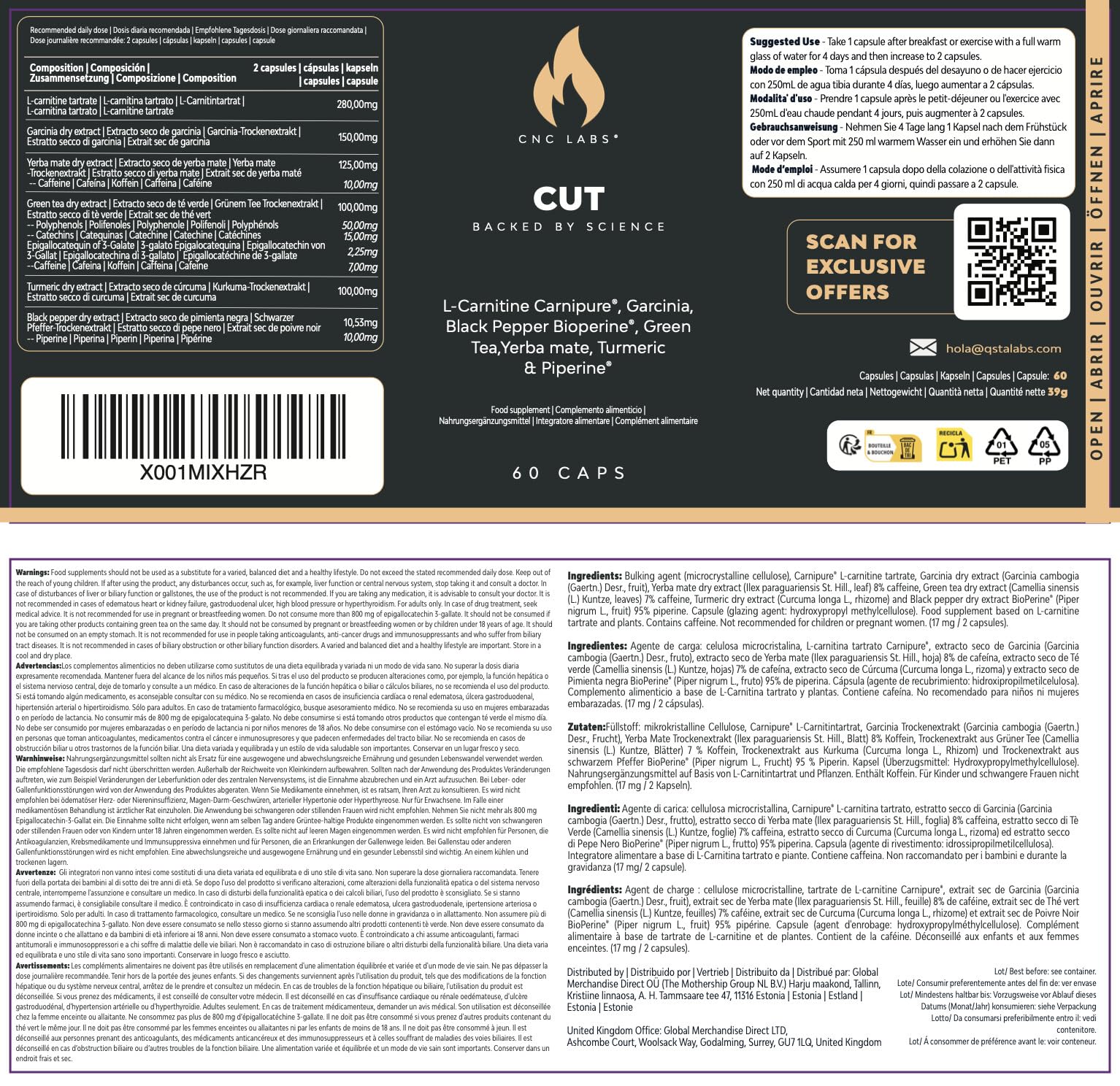 Quemagrasas Potente para Adelgazar CUT+LEAN 2x pack, Pastillas para Adelgazar Muy Rapido – Control del Apetito con L-Carnitina, Garcinia y Curcuma – Rapido, Efectivo para Mujer y Hombre