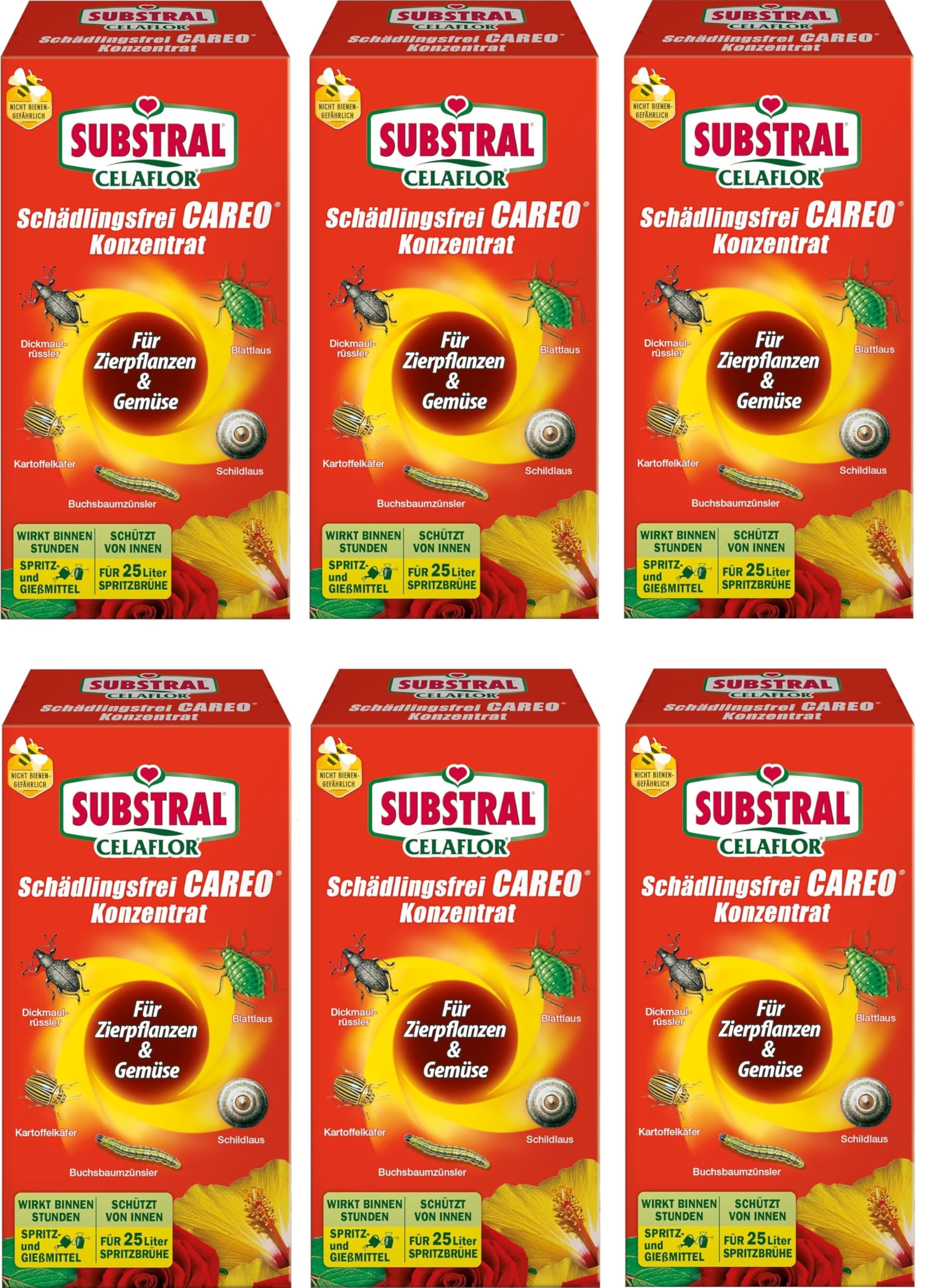 Substral Celaflor Schädlingsfrei CAREO, 6x 250 ml, für Zierpflanzen und Gemüse, gegen Buchsbaumzünsler, Dickmaulrüssler, Kartoffelkäfer, Blattlaus, Schildlaus, zum Spritzen und Gießen