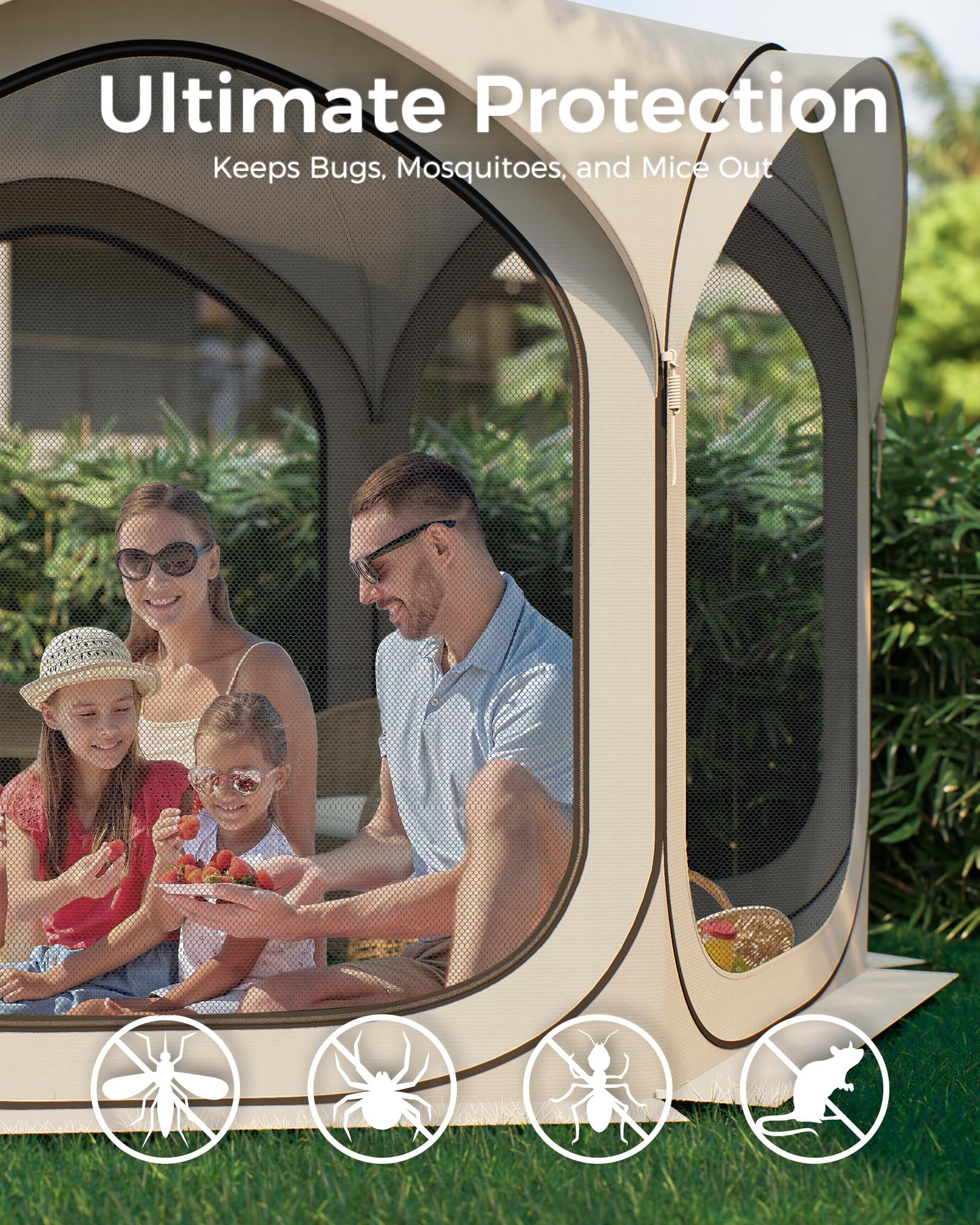 Mars Explo 12x12 FT Pop-Up Screen Tent, Portable Screen Room Canopy with Zipper Doors for Patio, Backyard, Deck & Outdoor Activities, Beige