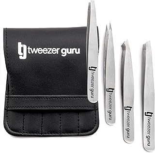 Tweezer Guru Eyebrow Tweezer Set for Women & Men - Professional Slant and Pointed Tweezers Set with Case - Precision Tweezers Kit for Facial Hair, Splinter and Ingrown Hair Removal (4 PC-W)