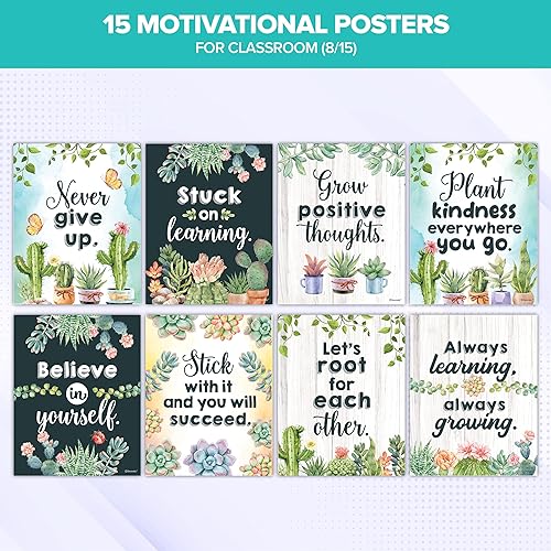 Miniatura 3 de Decorably 15 suculentas temáticas de cactus decoración para aula, 11 x 14 pulgadas, suculentas inspiradoras laminadas en mate, decoración de aula,